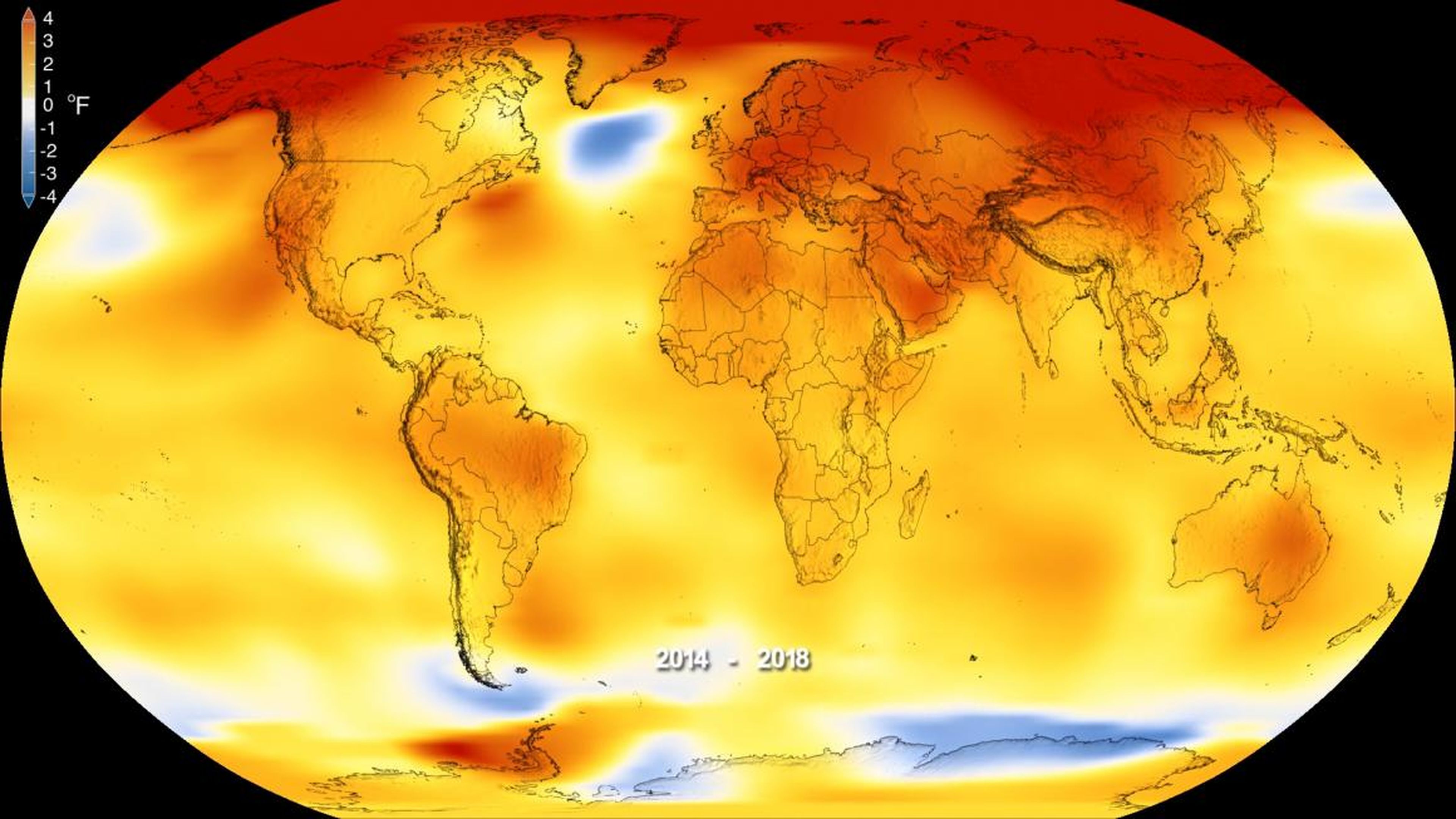 Este mapa muestra la temperatura global promedio de la Tierra desde 2014 hasta 2018, en comparación con el promedio de referencia de 1951 a 1980, según un análisis de la NASA.