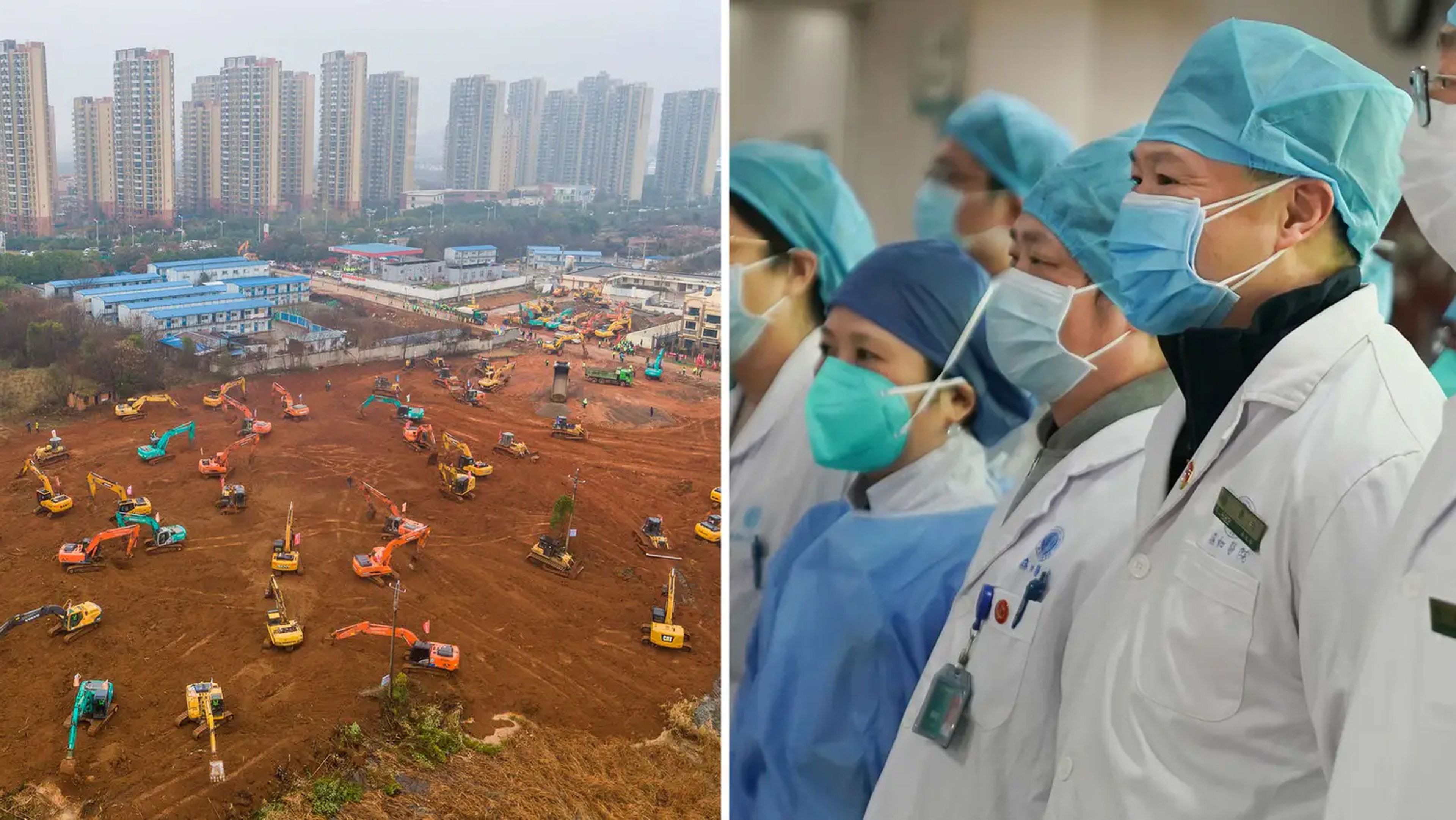 Un montaje que muestra la construcción de un nuevo hospital en Wuhan, China, el 24 de enero de 2020, y el personal médico en otra parte de la ciudad dos días antes.