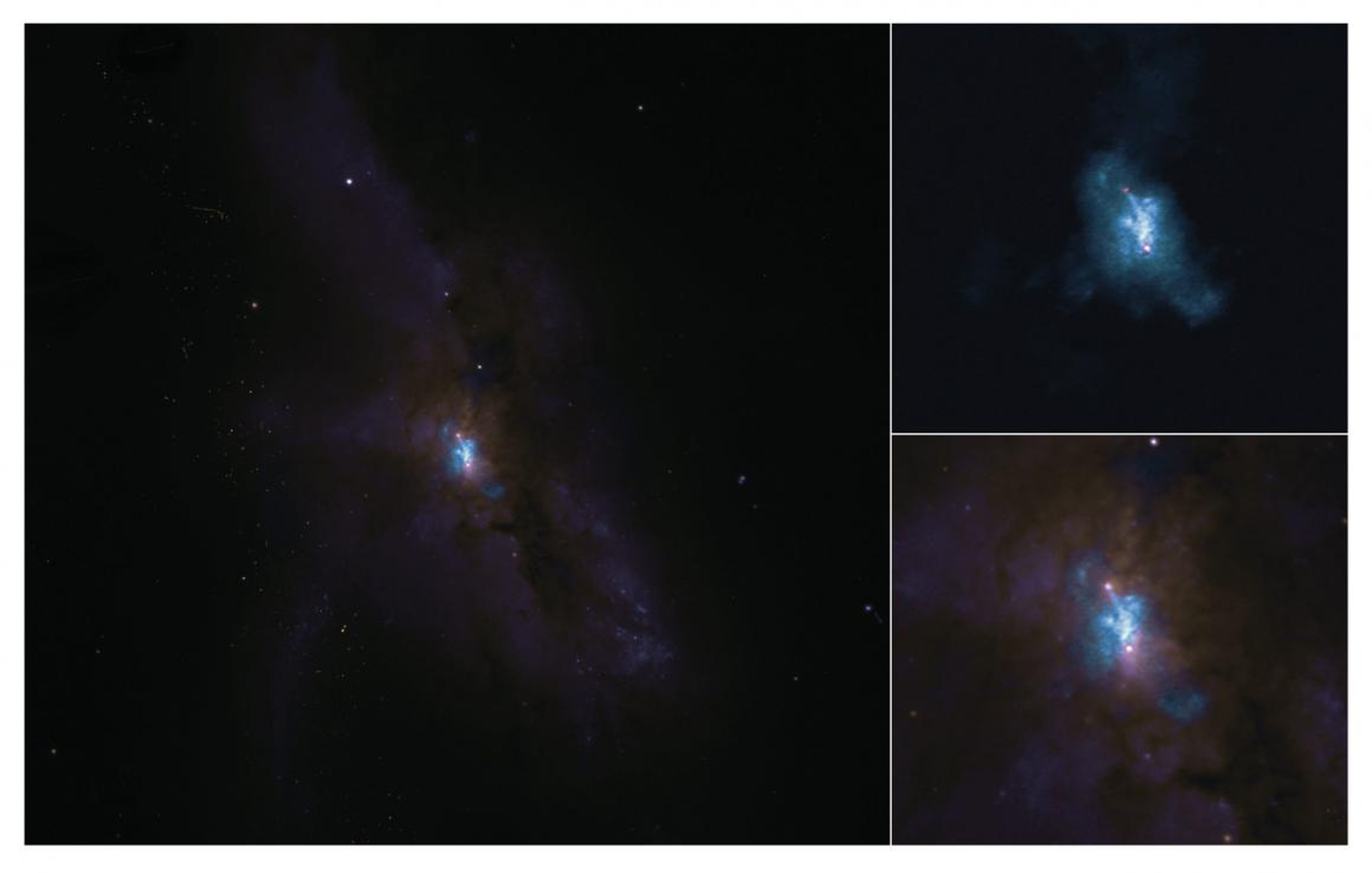 NGC 6240 vista con ALMA (arriba a la derecha) y con el Telescopio Espacial Hubble (abajo a la derecha).