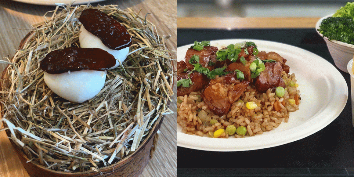 At Noma, a quail's egg that was cooked at exactly 129 degrees sits on a bed of straw, and is topped with a "chorizo" made from rose hips. Brigaid serves teriyaki chicken atop a different, edible bed of vegetable fried rice.