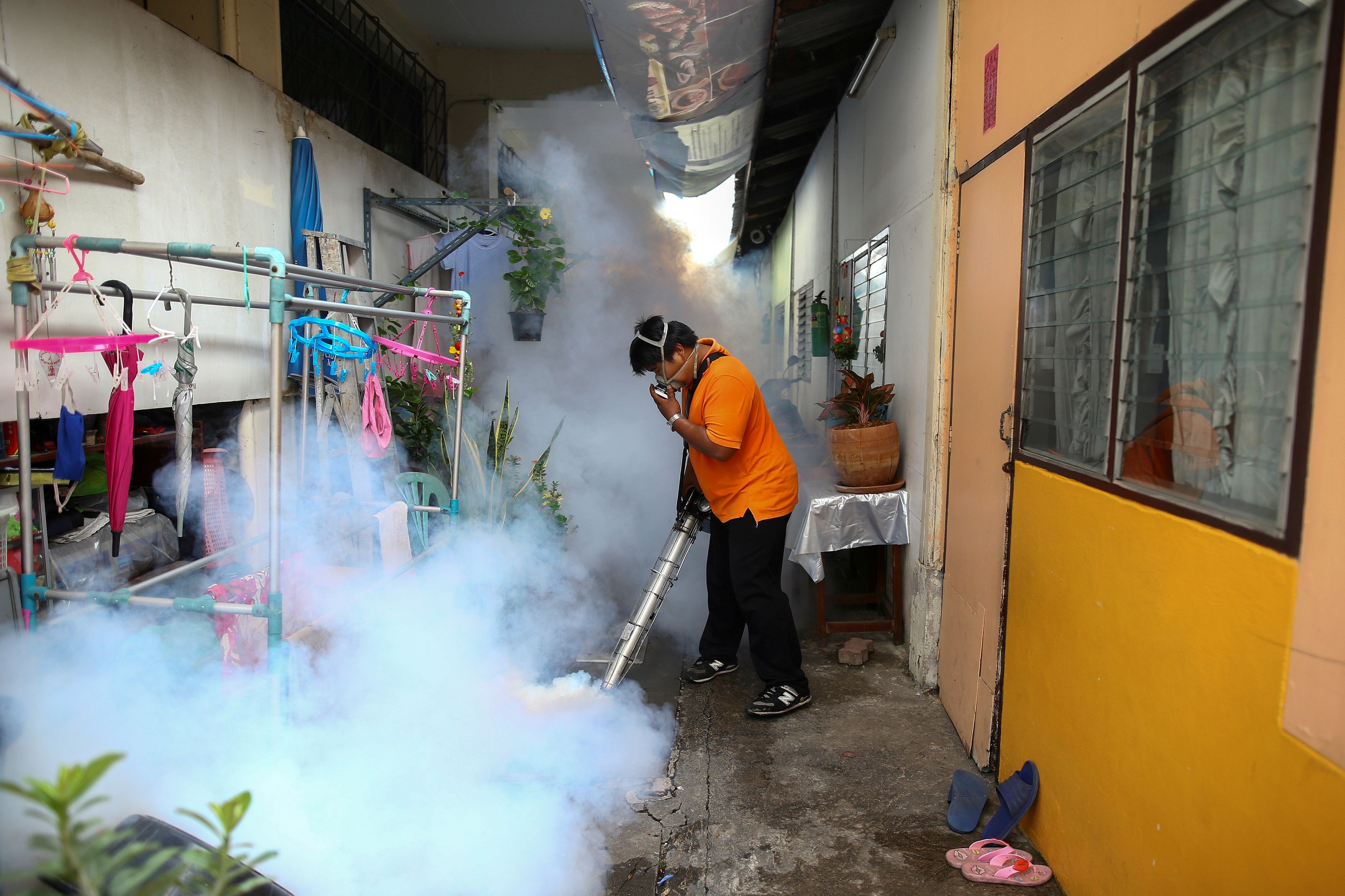 Un trabajador de la ciudad fumiga la zona para controlar la propagación de los mosquitos en una universidad de Bangkok.