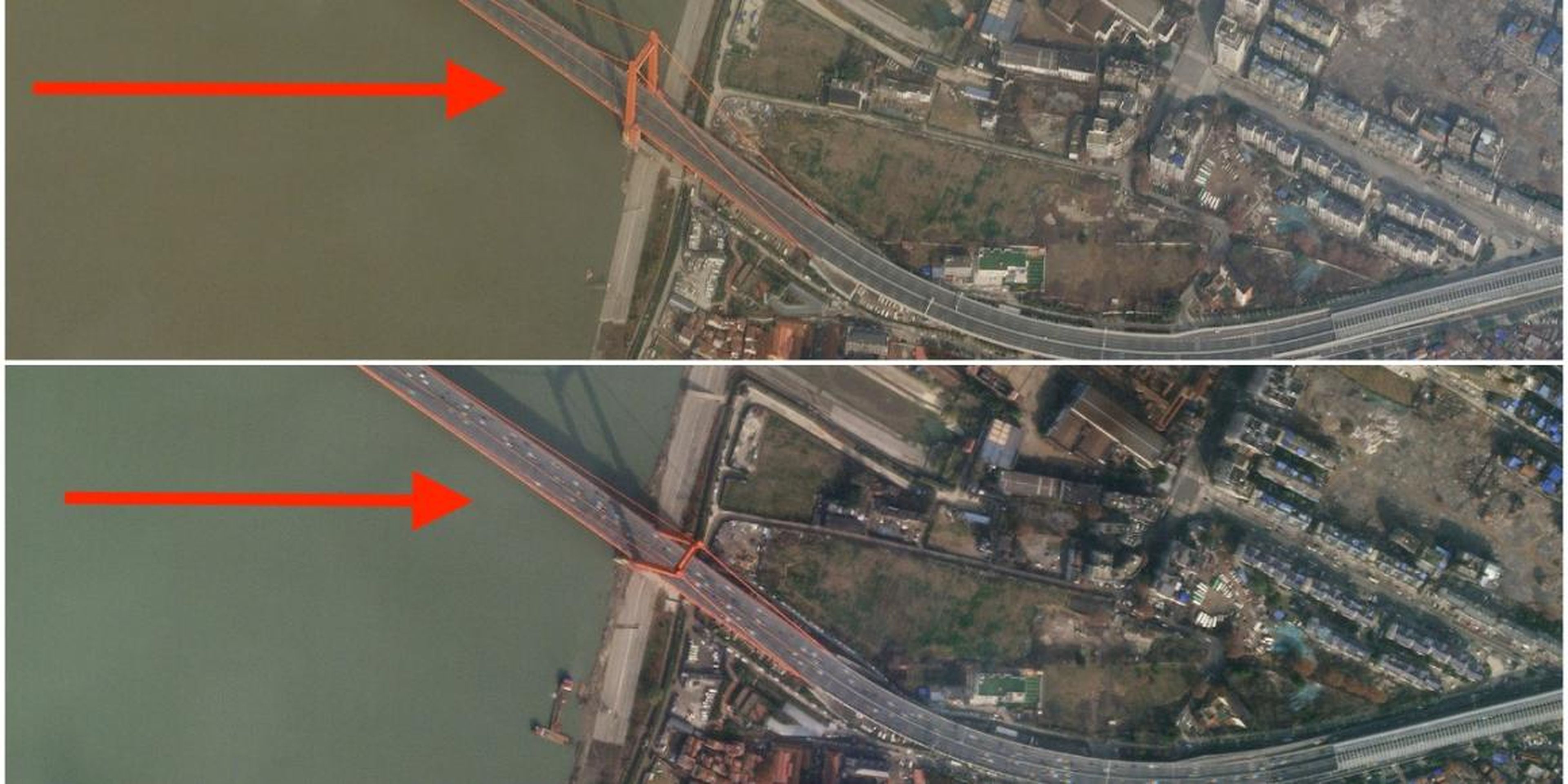 Dos imágenes de satélite muestran el tráfico en el puente del río Yingwuzhou Yangtze, en Wuhan (China), el 12 y el 28 de enero.