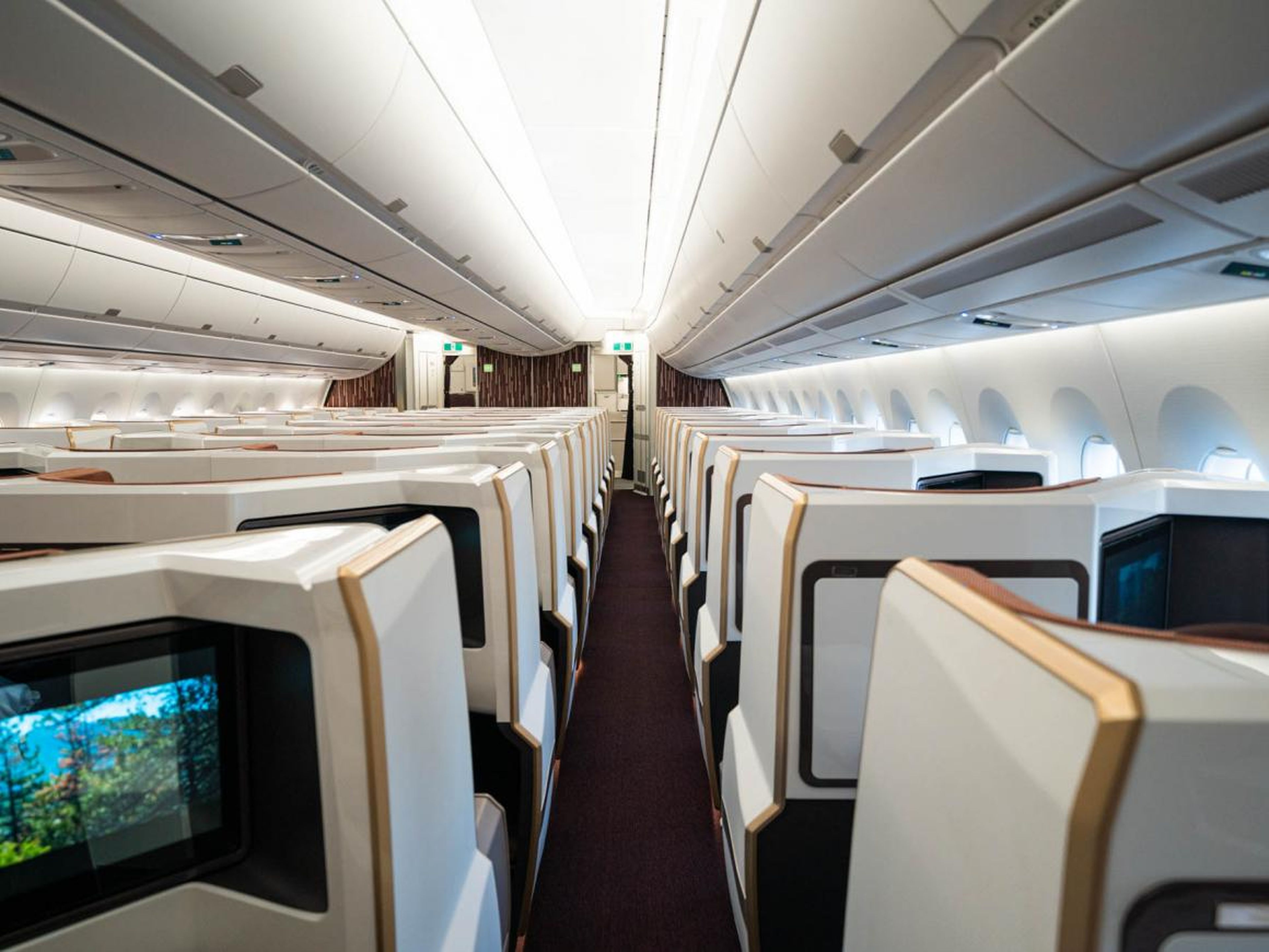A widebody airliner interior.