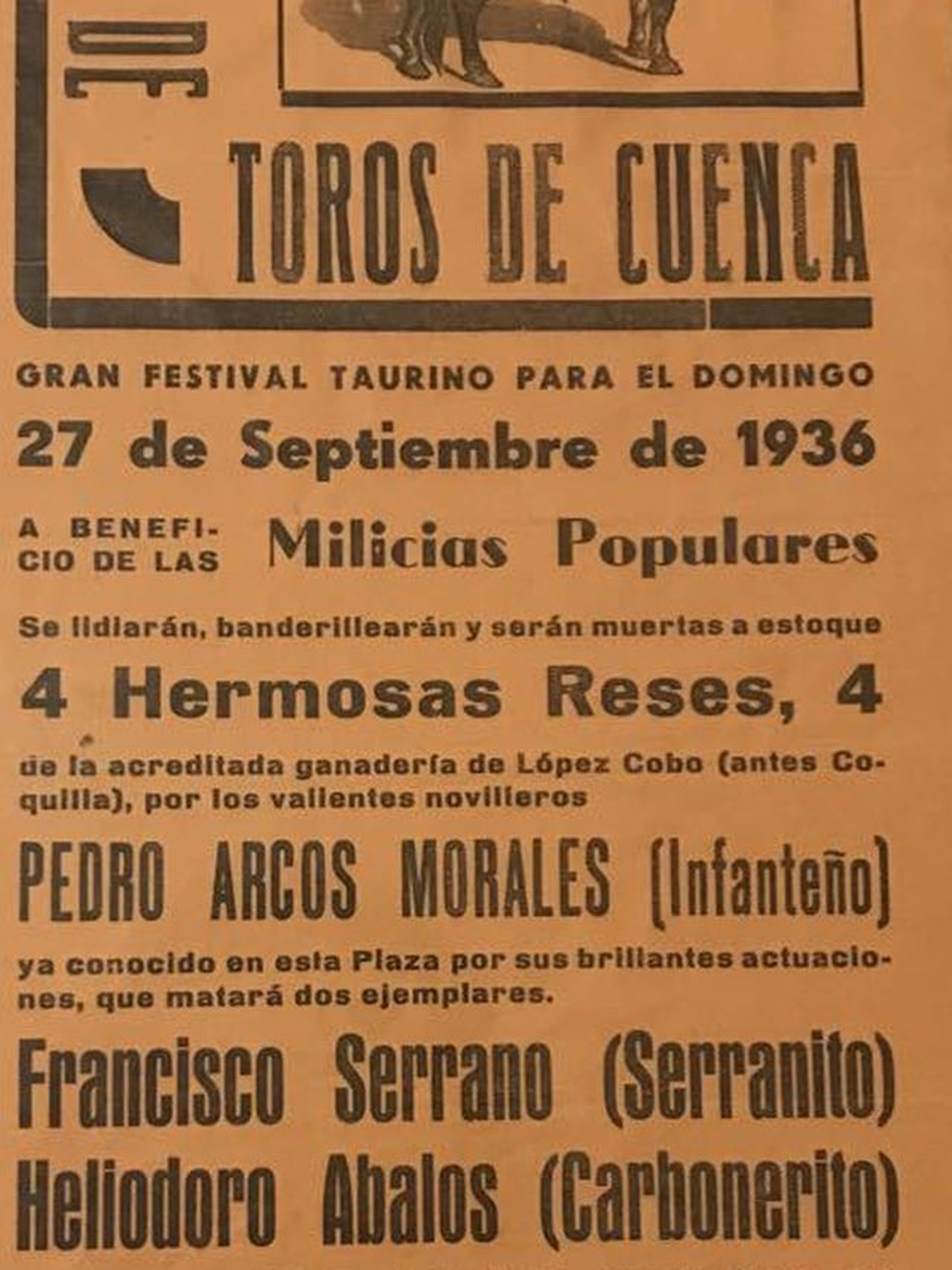 Cartel de un acto benéfico en la Plaza de Toros de Cuenca en favor de las milicias populares (septiembre de 1936).