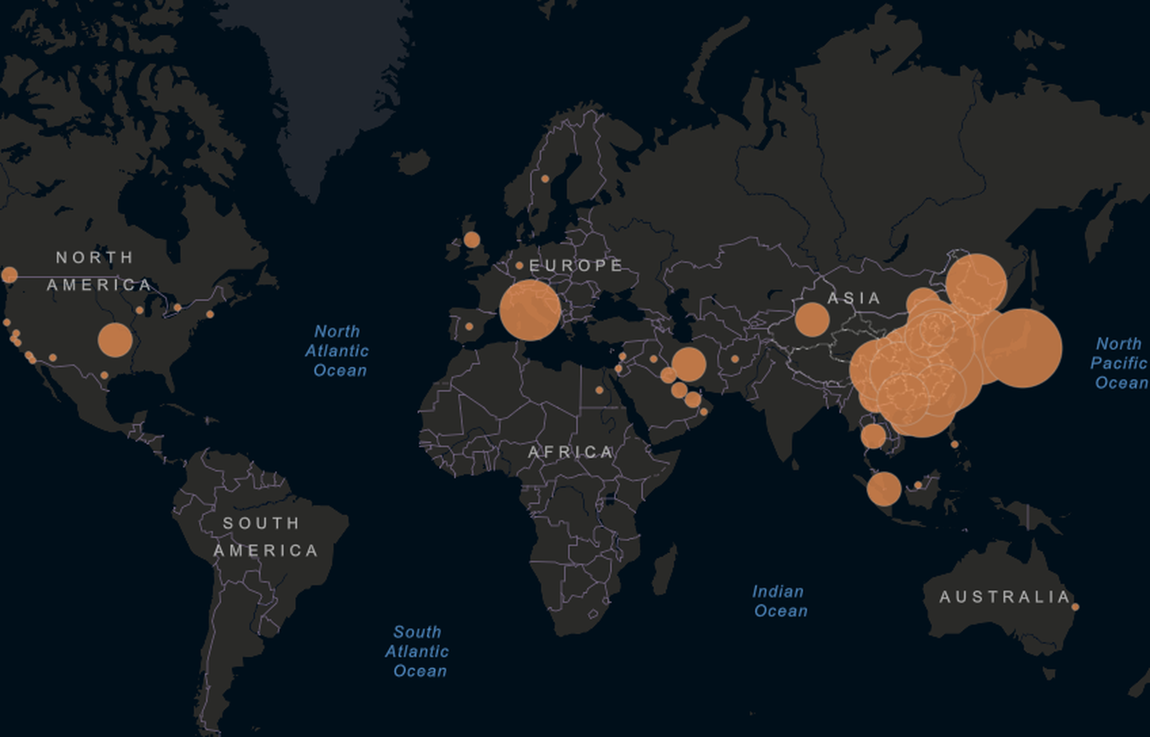 Mapa con los casos existentes de coronavirus a 24 de febrero.