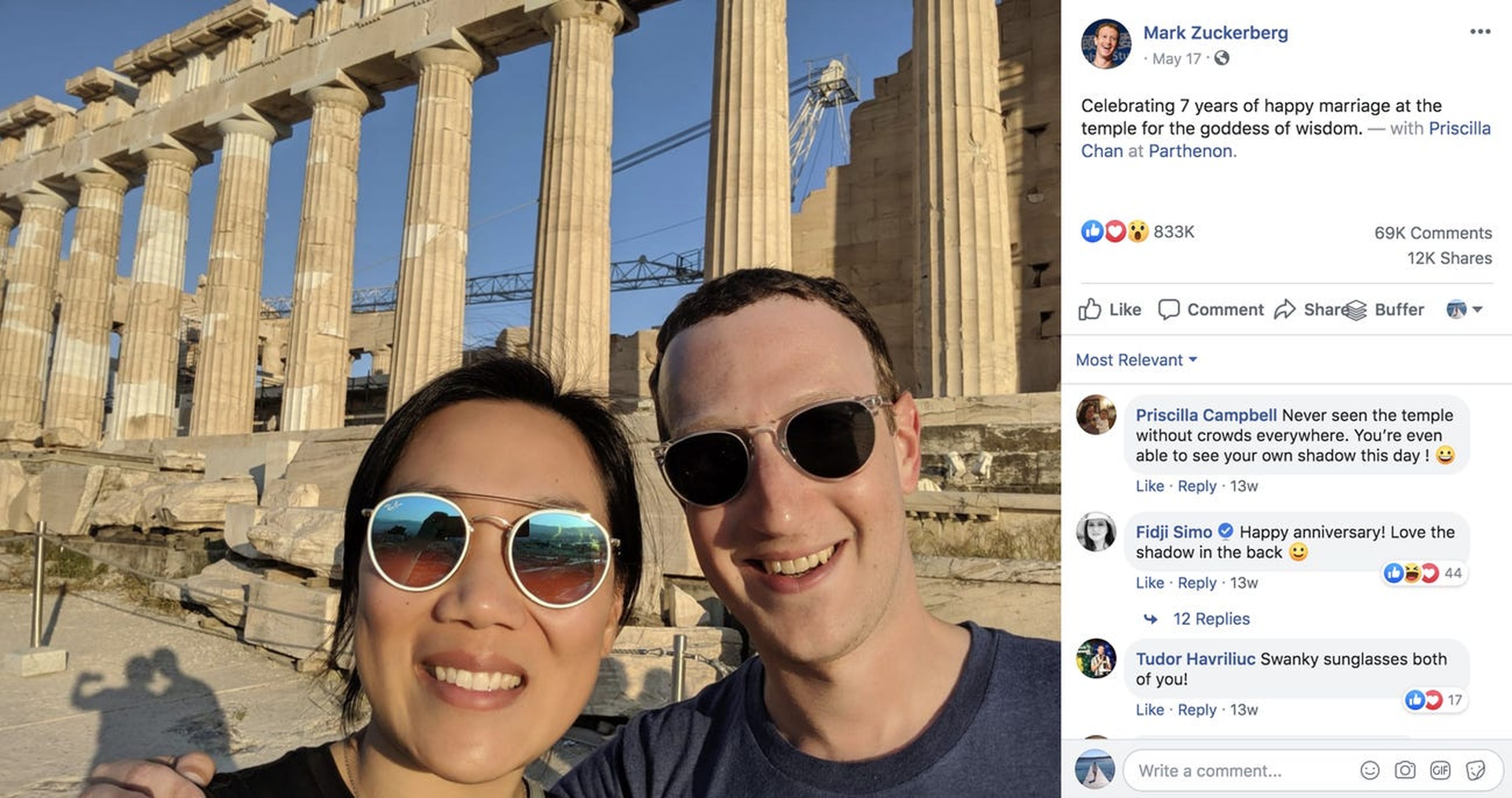 Mark Zuckerberg y Priscilla Chan celebran su aniversario de boda