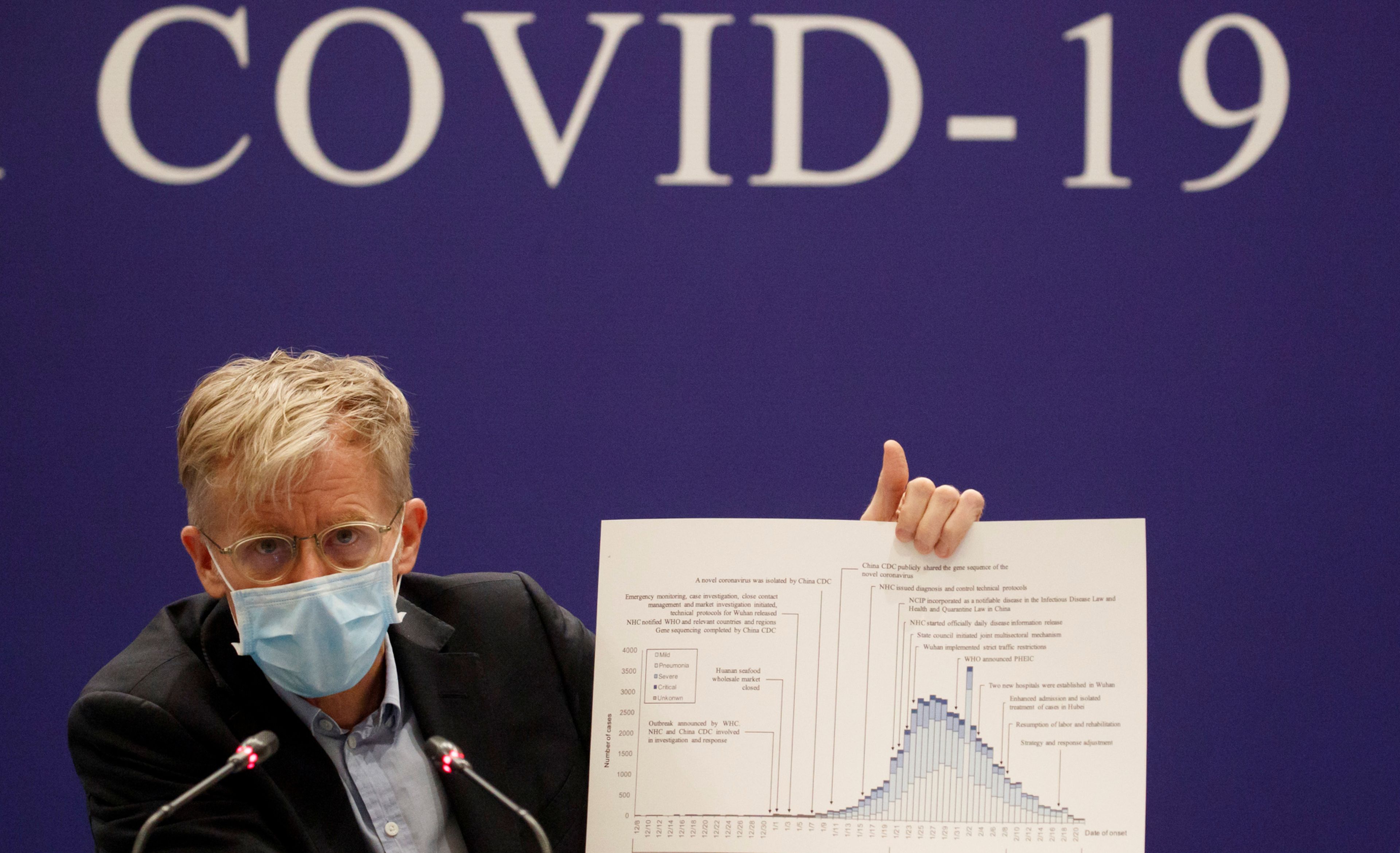 Un responsable de la OMS presenta un gráfico sobre la expansión del coronavirus
