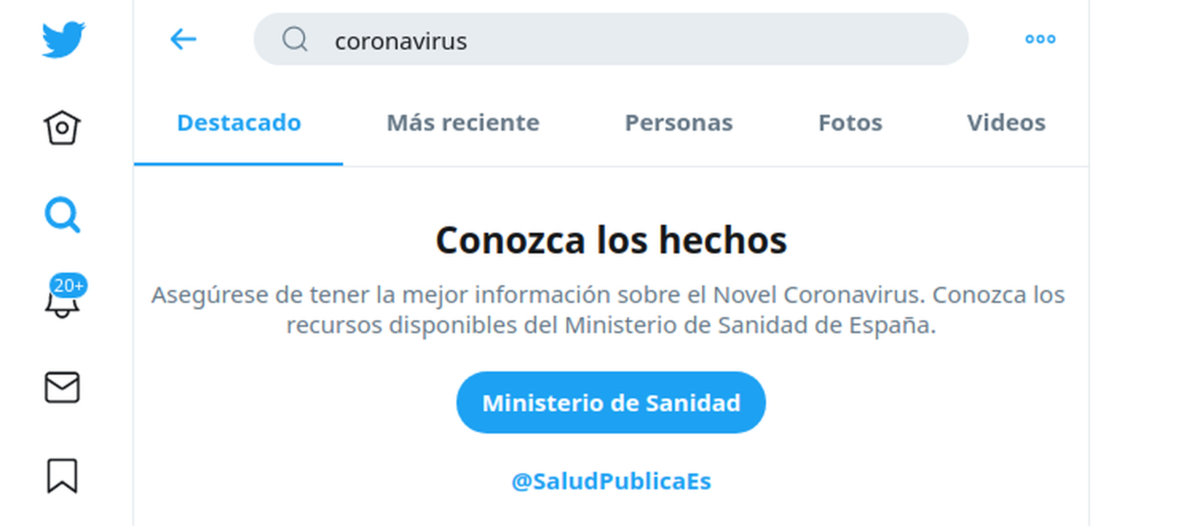 Captura de pantalla del anuncio automático al que dirige Twitter en España al buscar sobre el coronavirus.