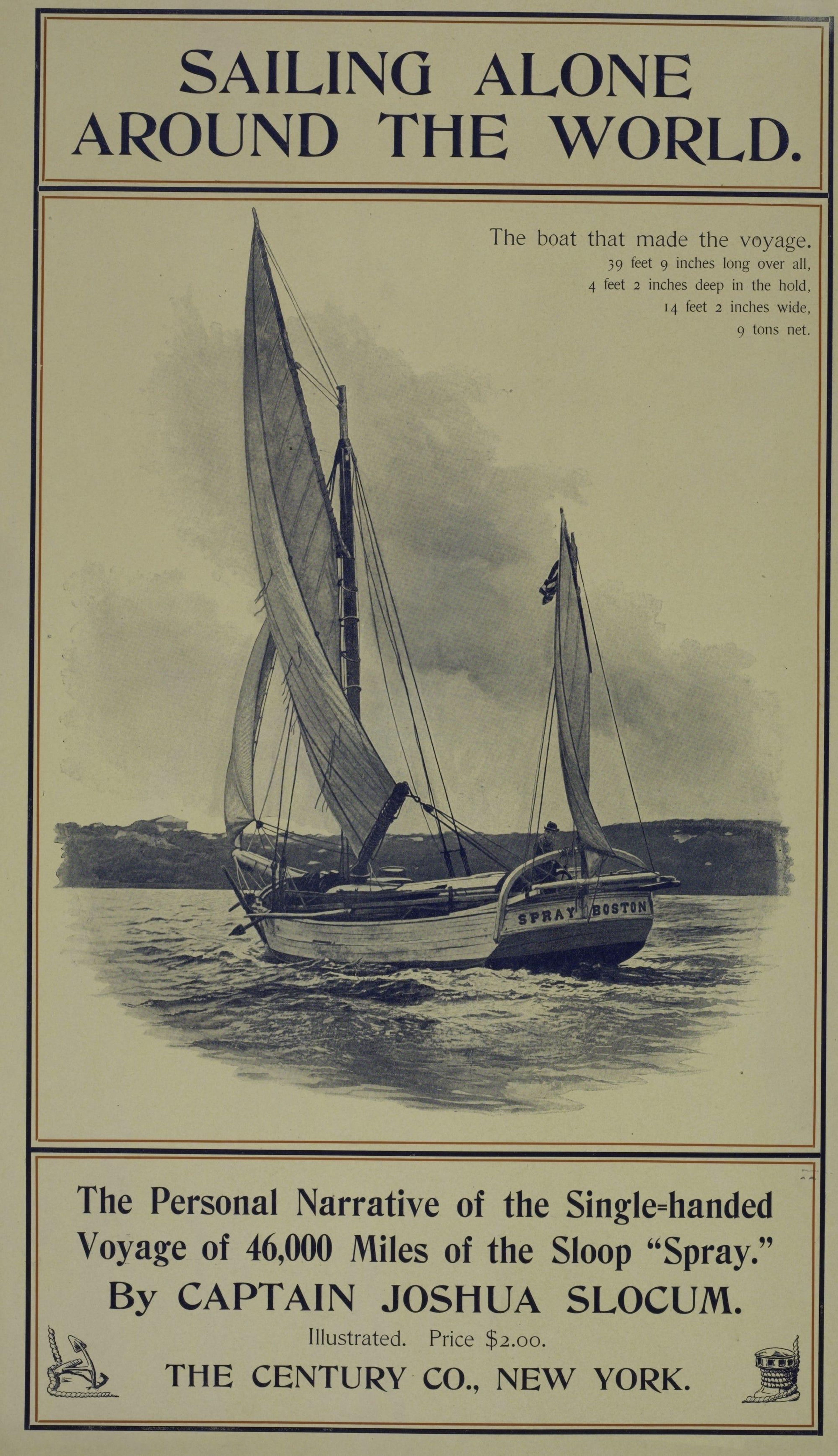 Cartel publicitario de la novela 'Navegando en solitario alrededor del mundo' por el capitán Joshua Slocum, 1903.
