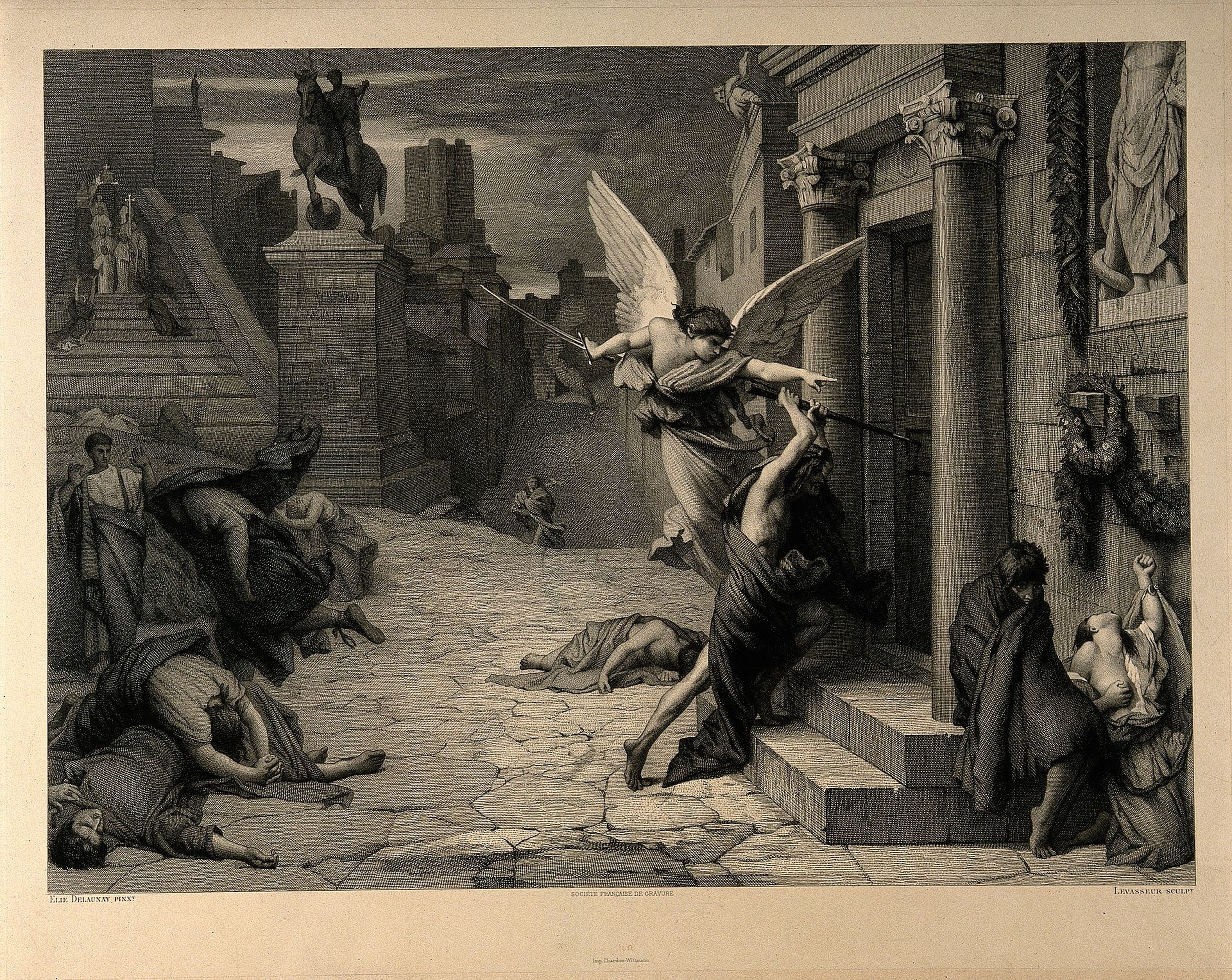 El ángel de la muerte golpeando una puerta durante la plaga de Roma. Grabado de Levasseur.