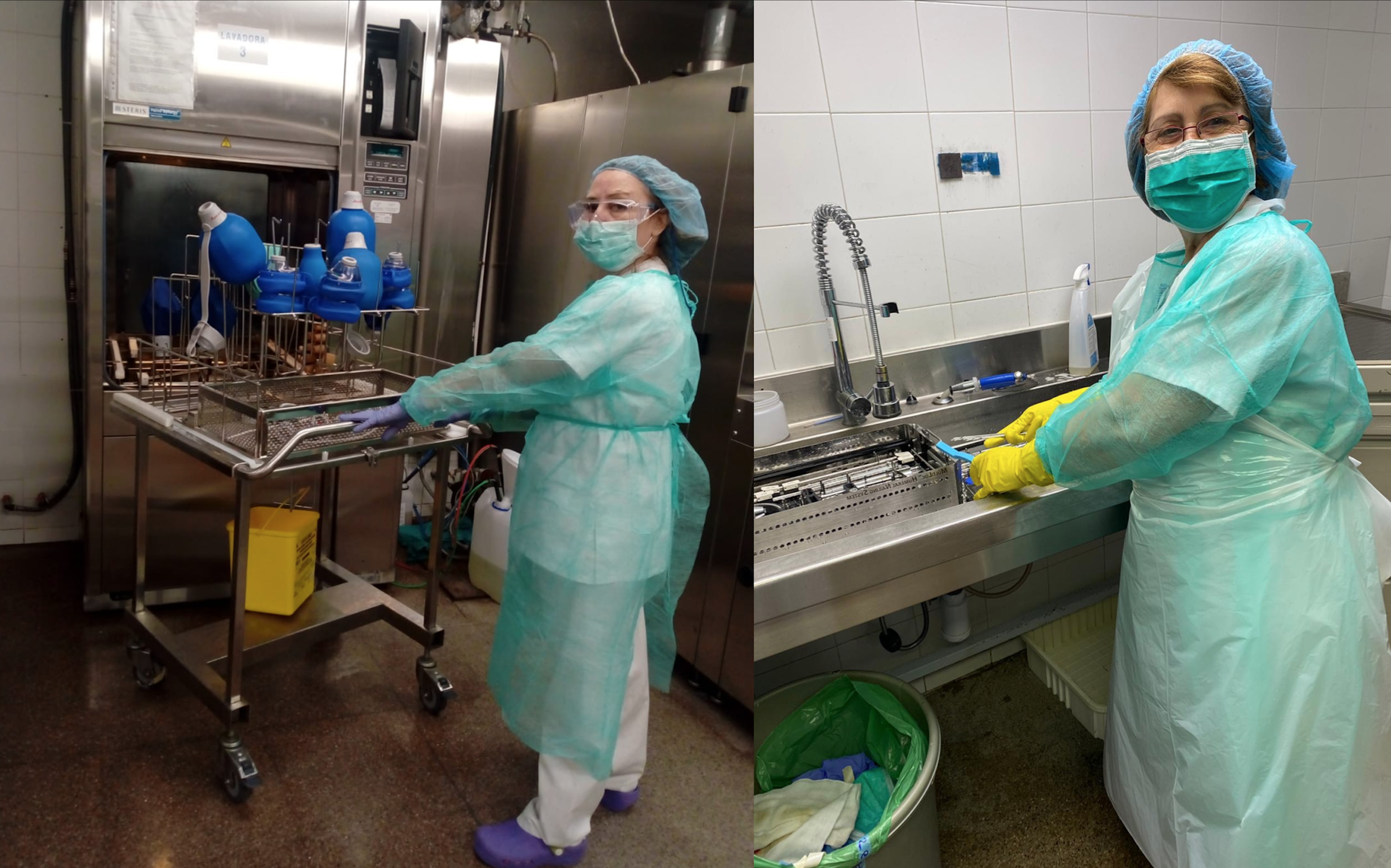 Auxiliares de enfermería esterilizando equipos