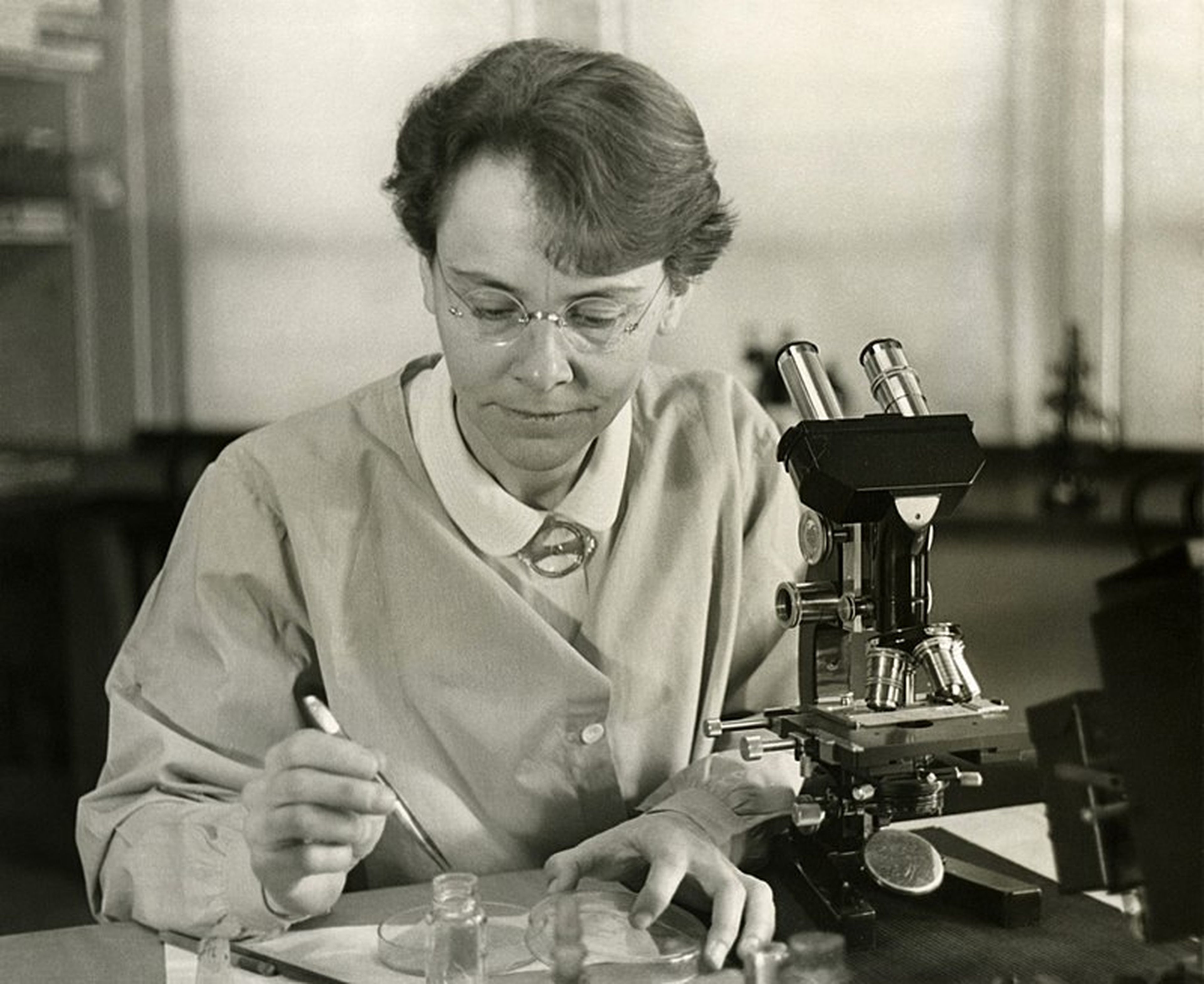 Barbara McClintock trabajando en su laboratorio en el Departamento de Genética de la Carnegie Institution en Cold Spring Harbor, Nueva York en 1947.