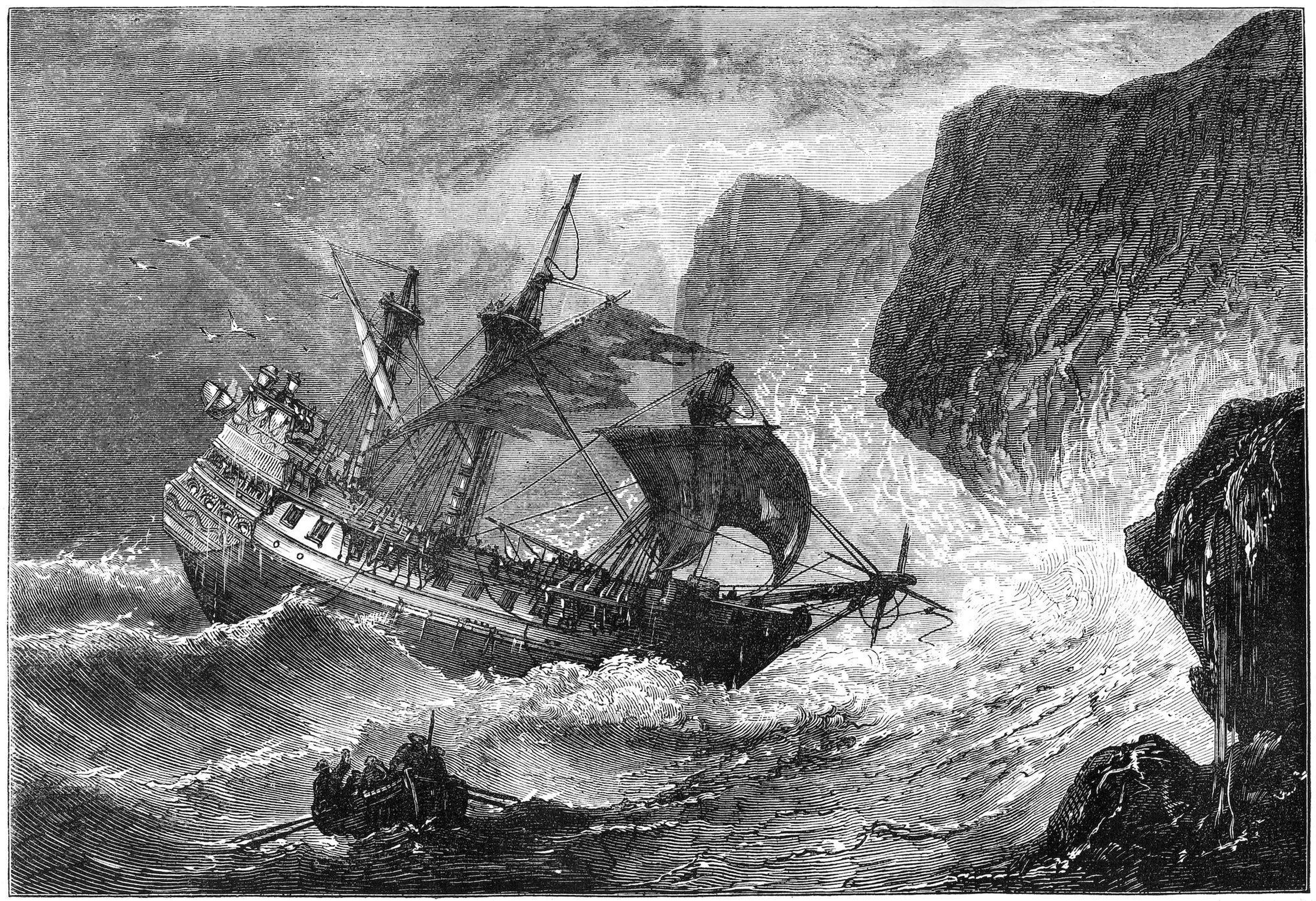 Ilustración del almirante Somers dirigiendo su barco a Bermudas, 1609 (c1880). Este almirante (1554-1610) fue el fundador de la colonia inglesa, y se dice que las historias de su naufragio inspiraron la obra de Shakespeare 'La tempestad'.