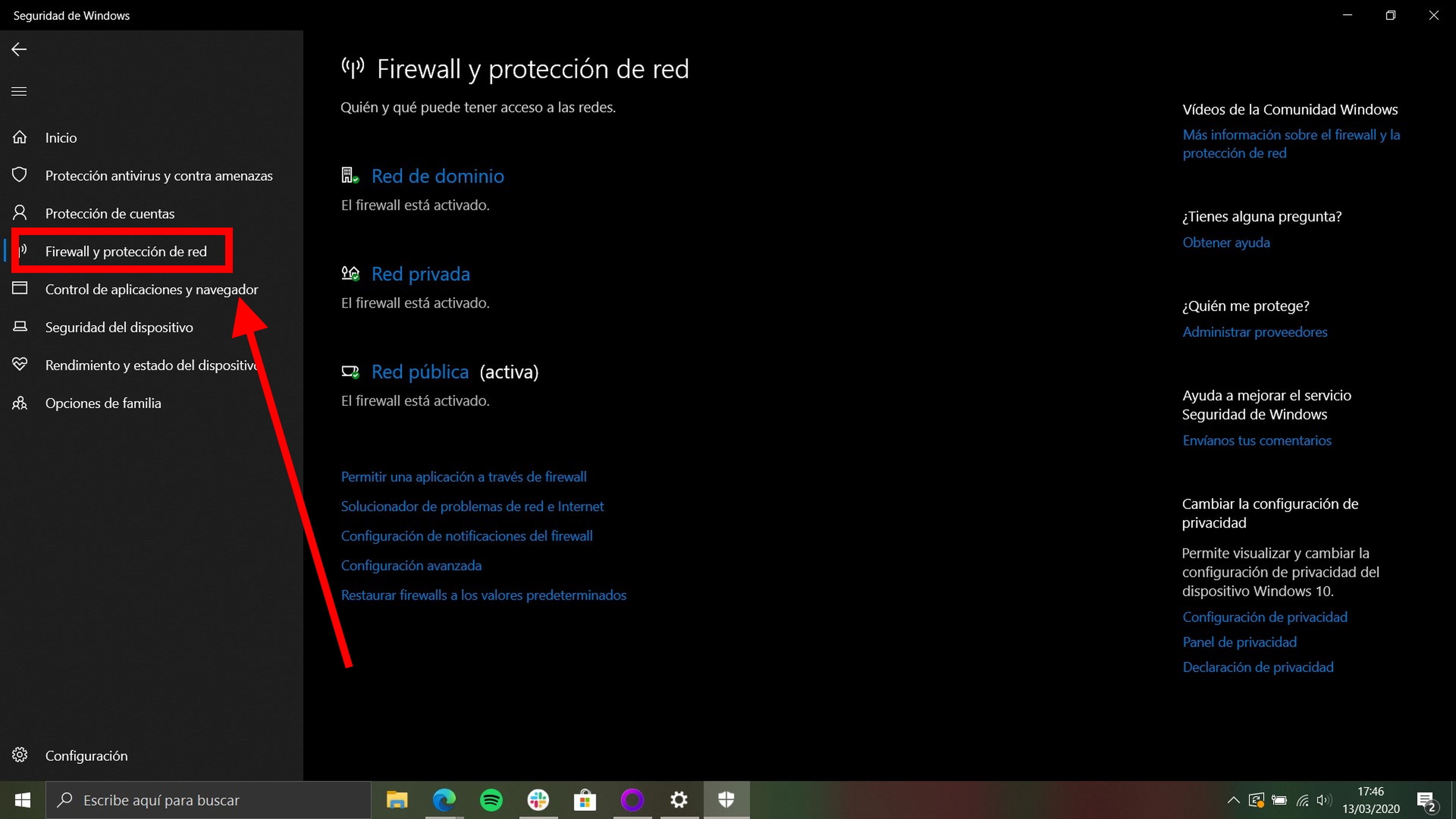 Cómo verificar que el firewall está activo en Windows 10