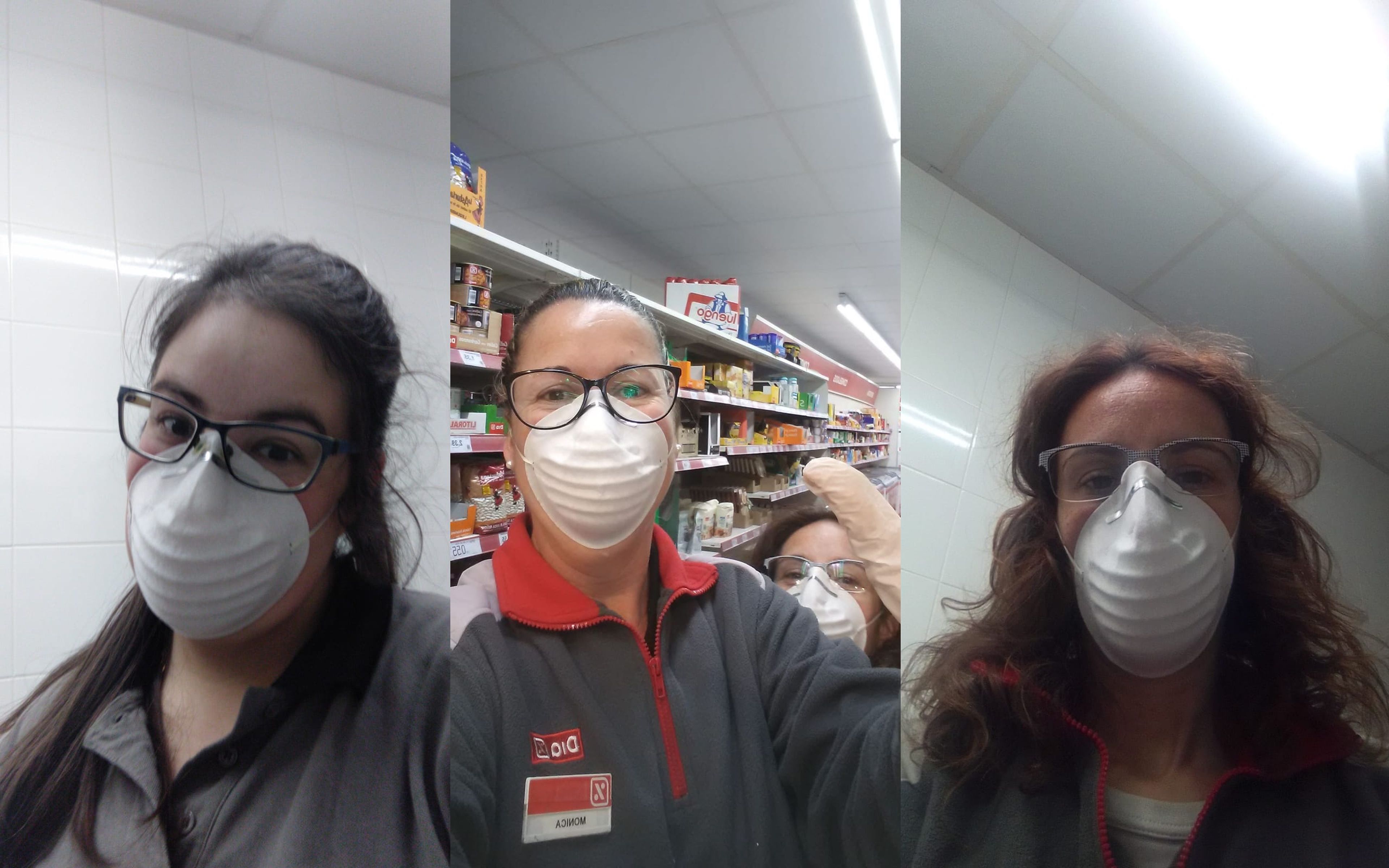 Sofía Muñoz, Mónica Nieto y Sonia Robledo, tres empleadas de supermercado Dia que están trabajando durante la alerta sanitaria