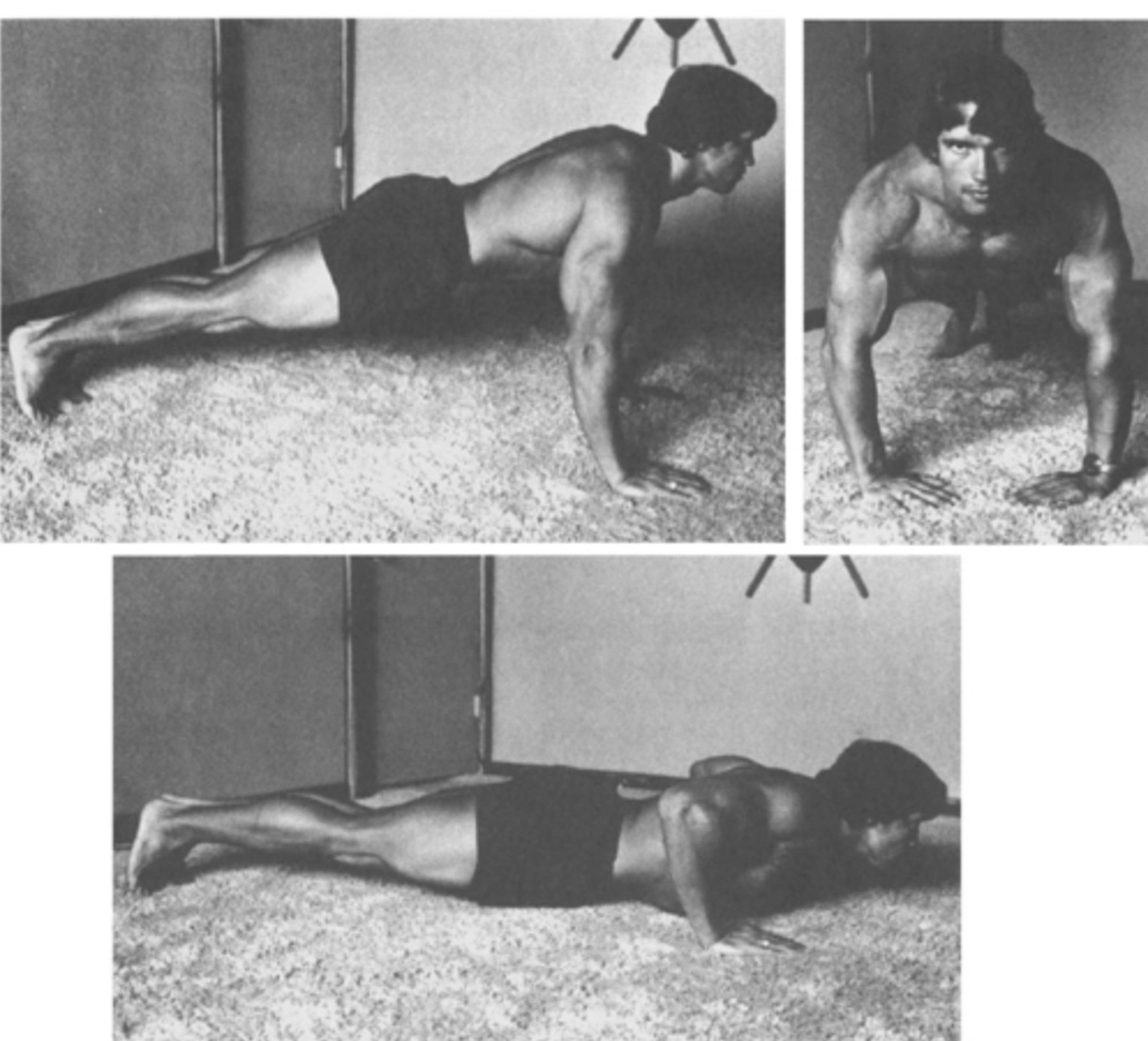 Schwarzenegger realizando flexiones cambiando la posición de los brazos