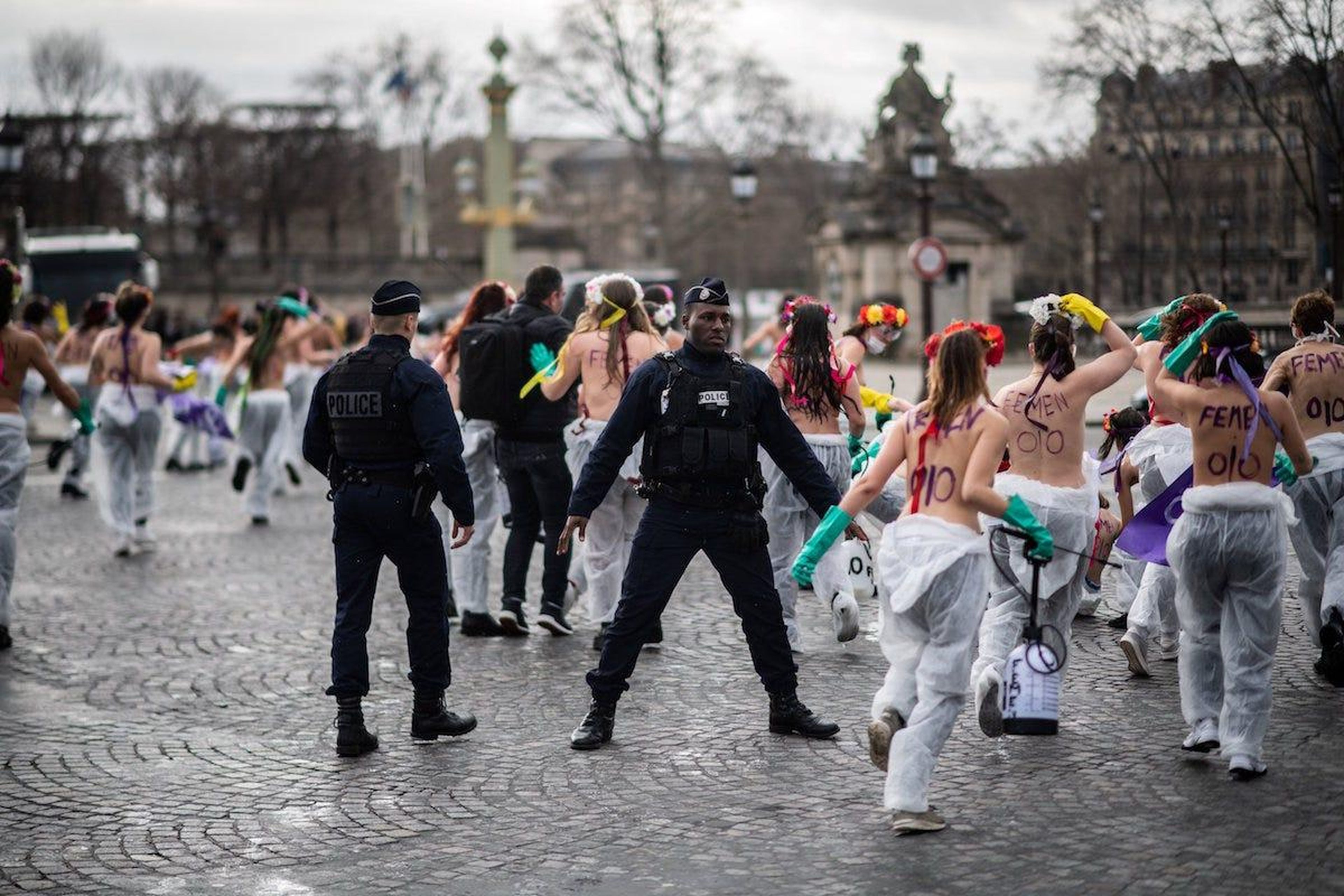 Femen activists demonstrate at Place de la Concorde in Paris to call for gender equality.
