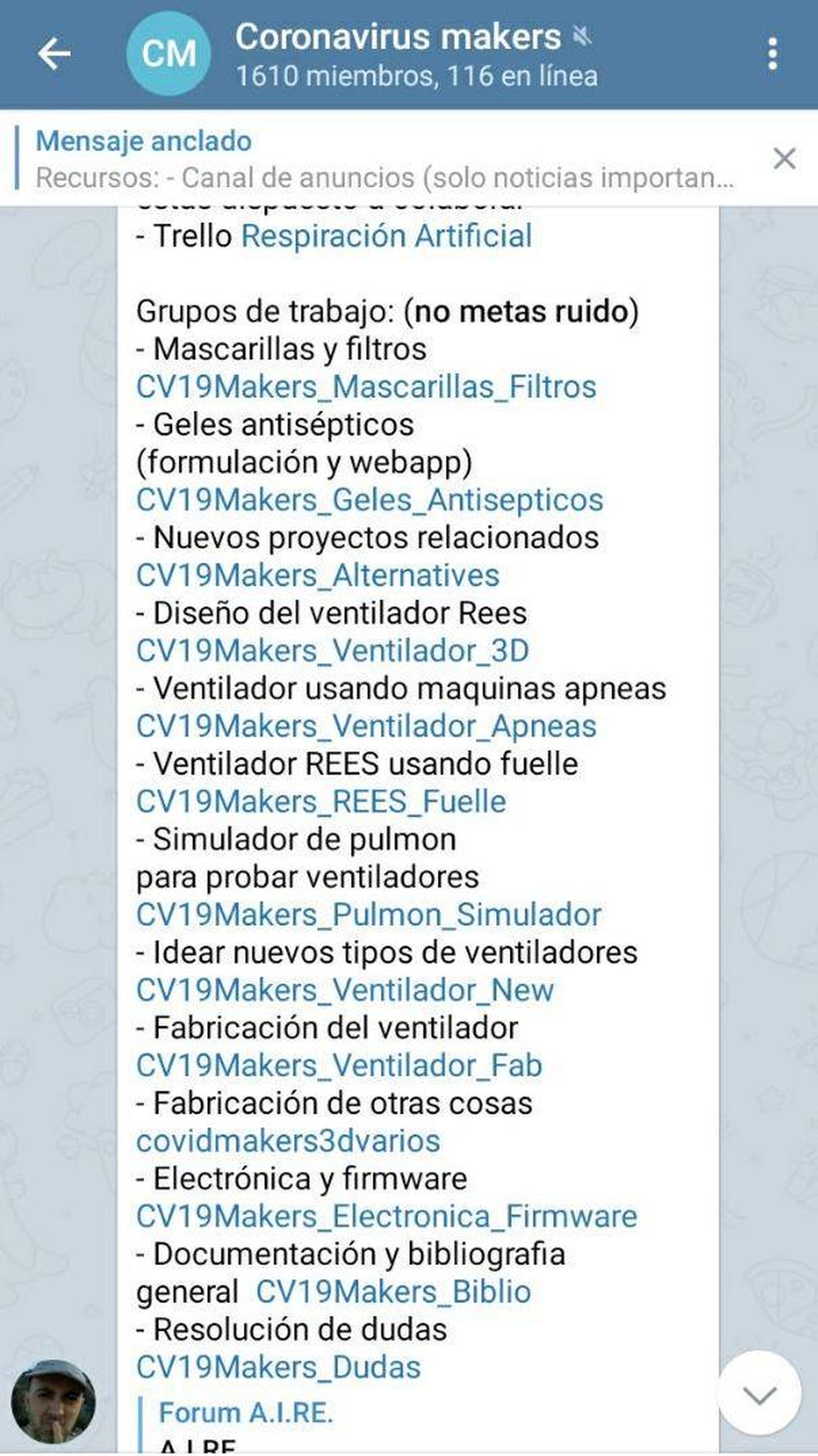 Grupo de Telegram de Coronavirus Makers