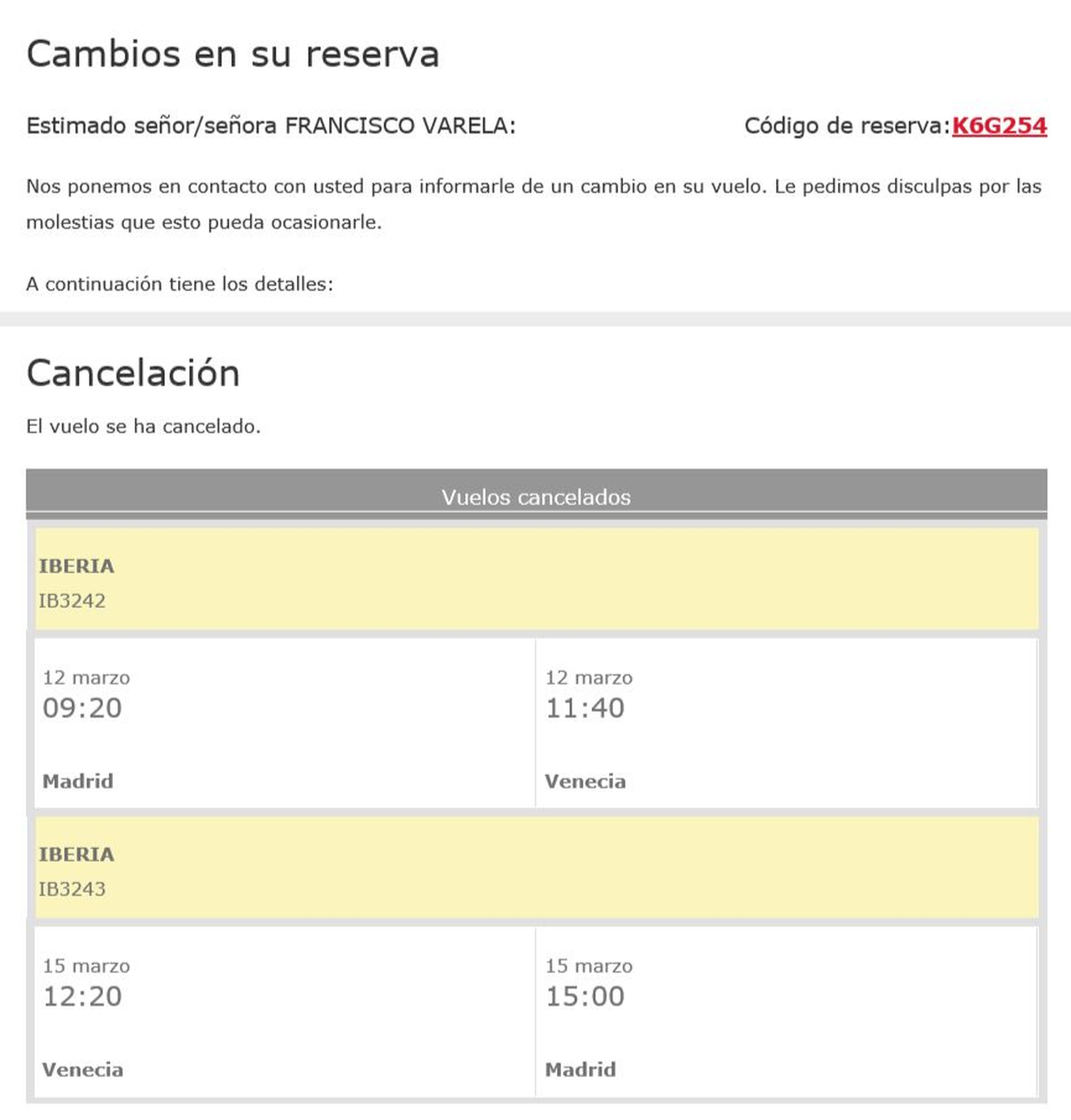 Mail de cancelación de Iberia