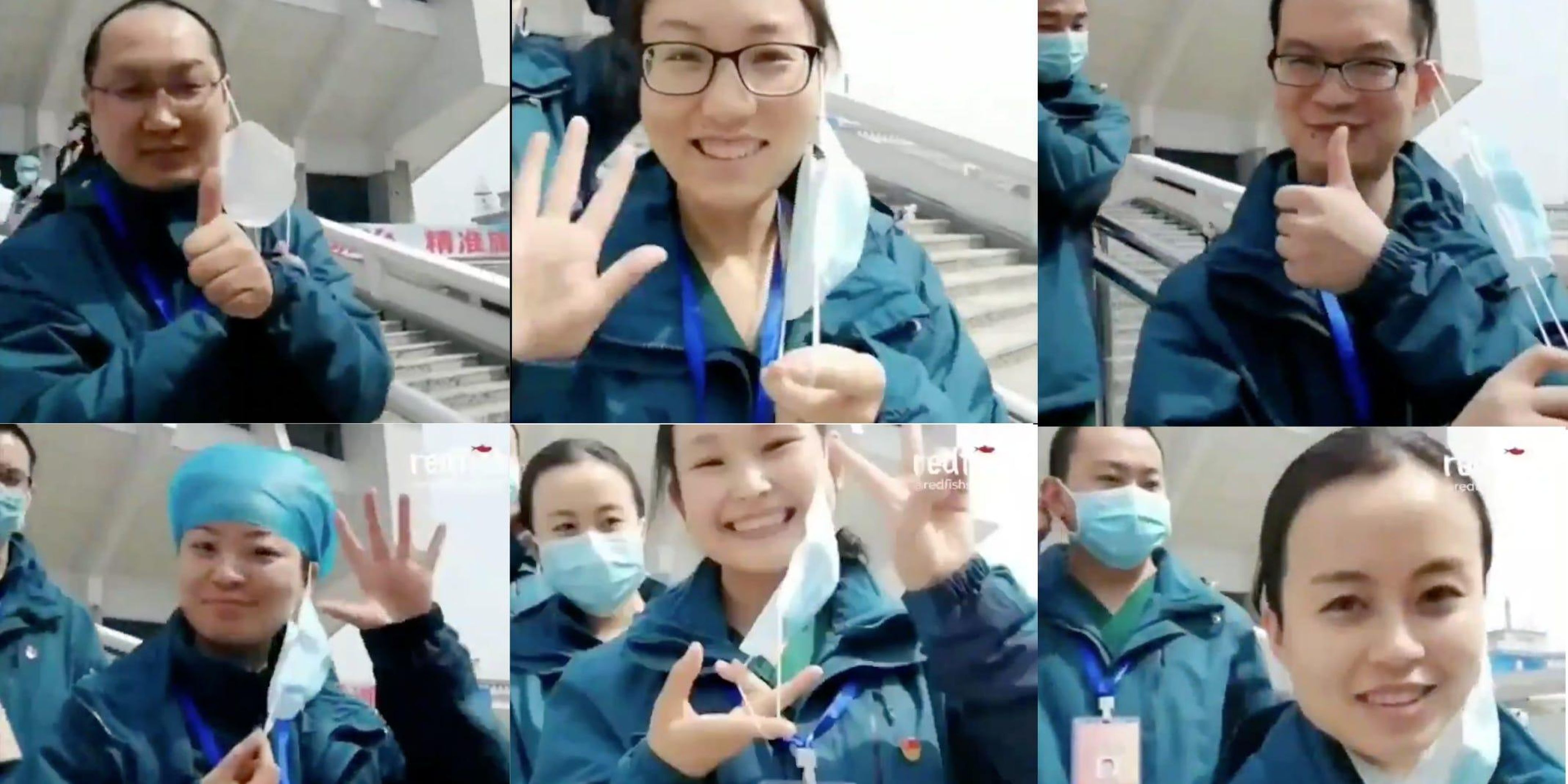 Trabajadores sanitarios de Wuhan se quitan las mascarillas para celebrar el cierre del último hospital de campaña, construido para acomodar a los pacientes del coronavirus.