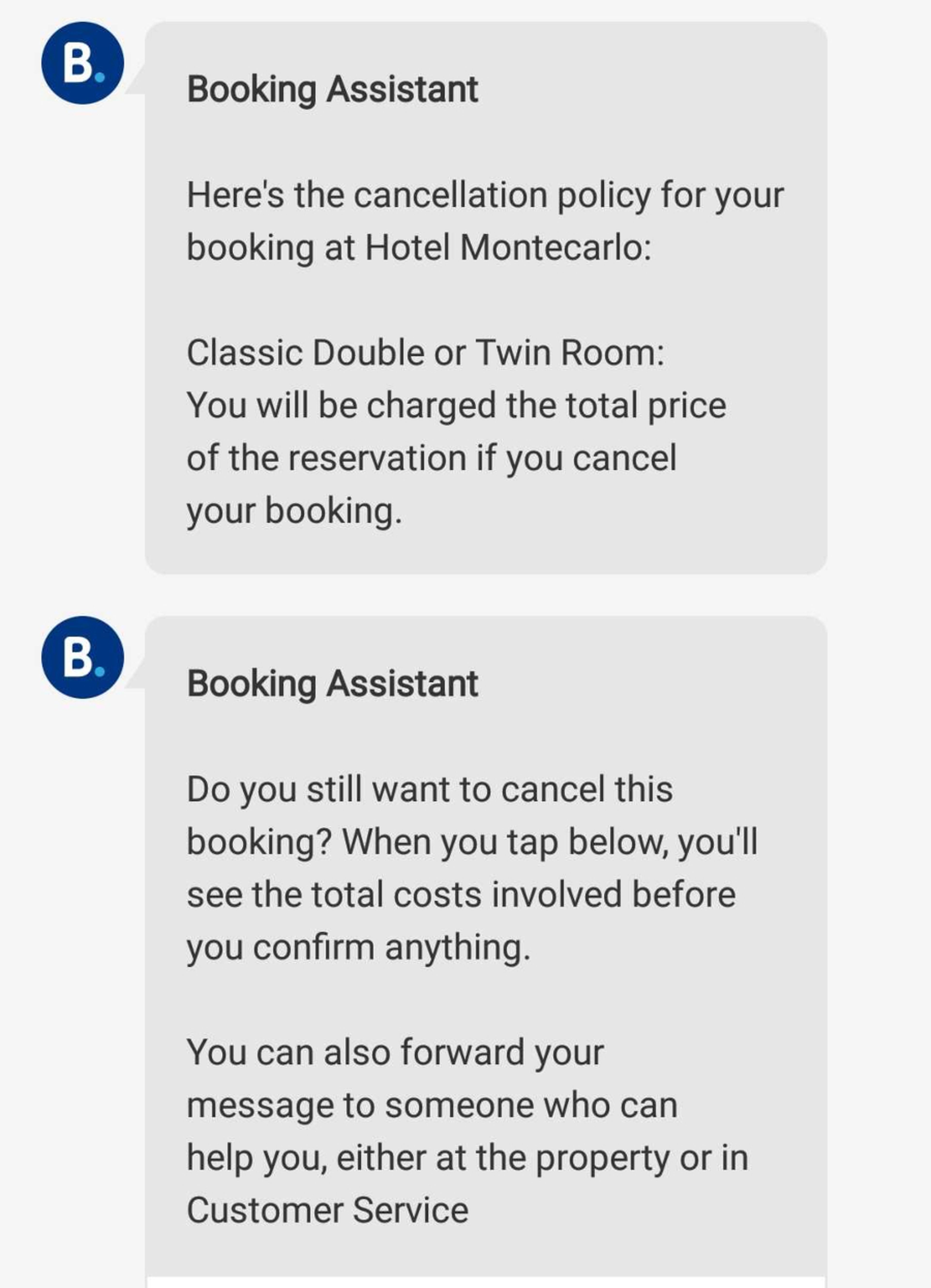 Mensaje de Booking sobre la política de cancelaciones del hotel