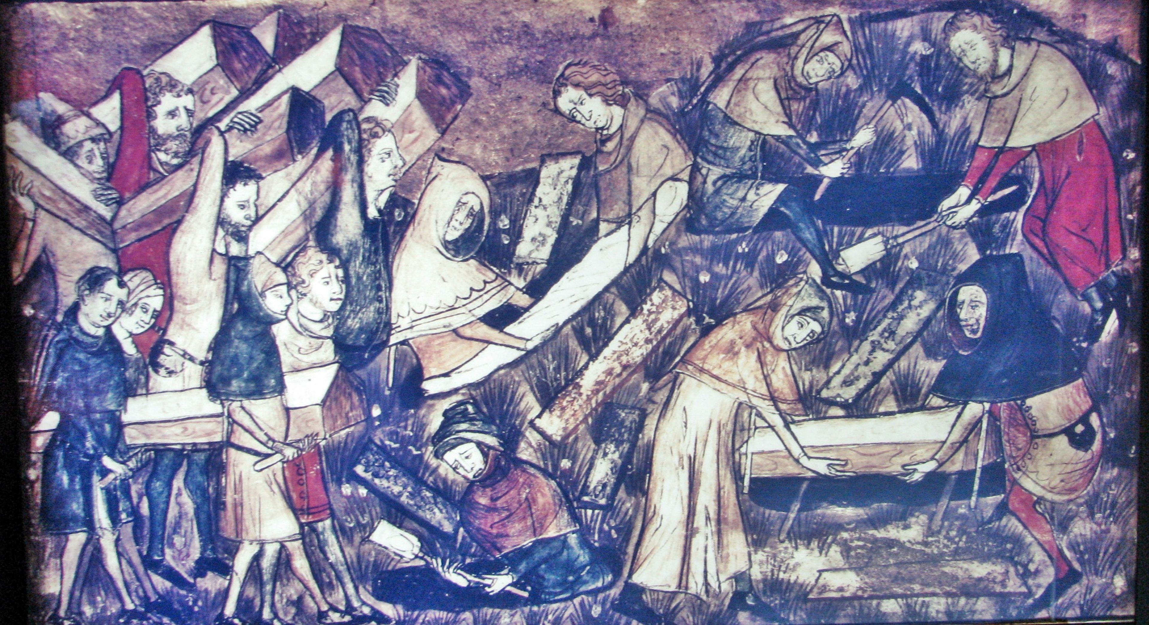 Miniatura de un manuscrito belga del siglo XIV en el Museo de la Diáspora sobre la Peste Negra.