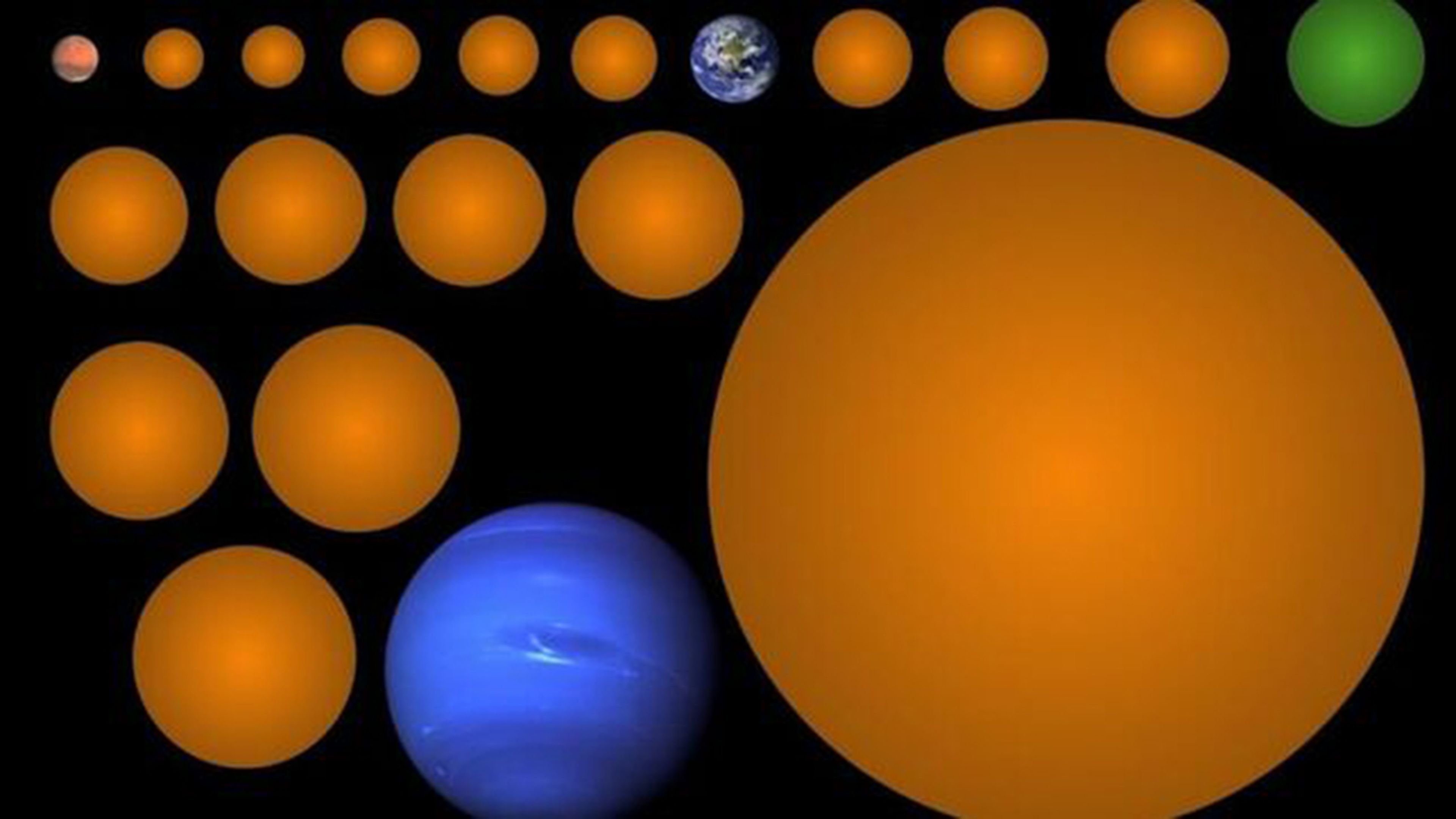 Imagen realizada por la estudiante Kunimoto de los planetas descubiertos en comparación con la Tierra.