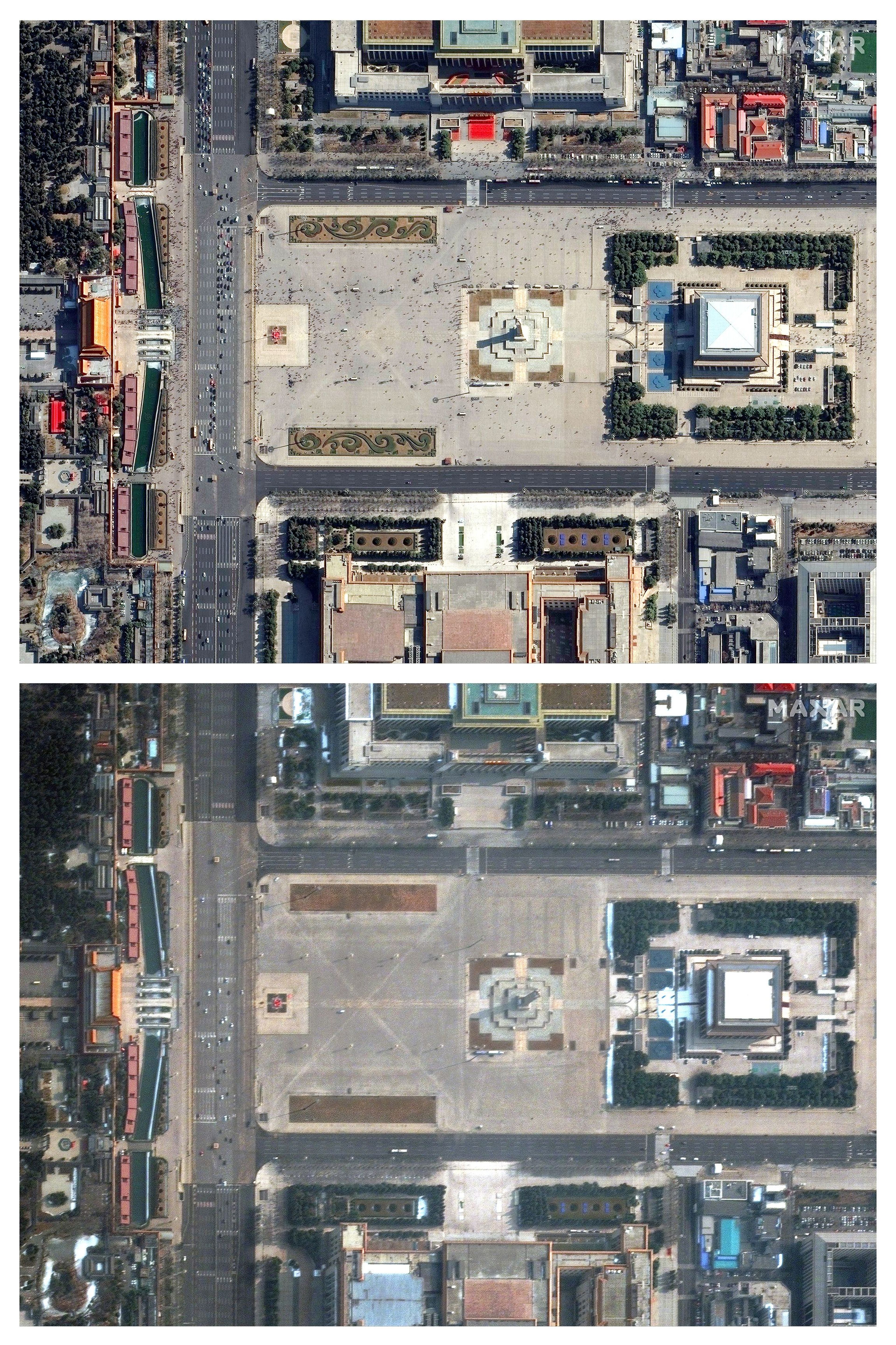 Plaza de Tiananmen (China) entre febrero y marzo de 2020.