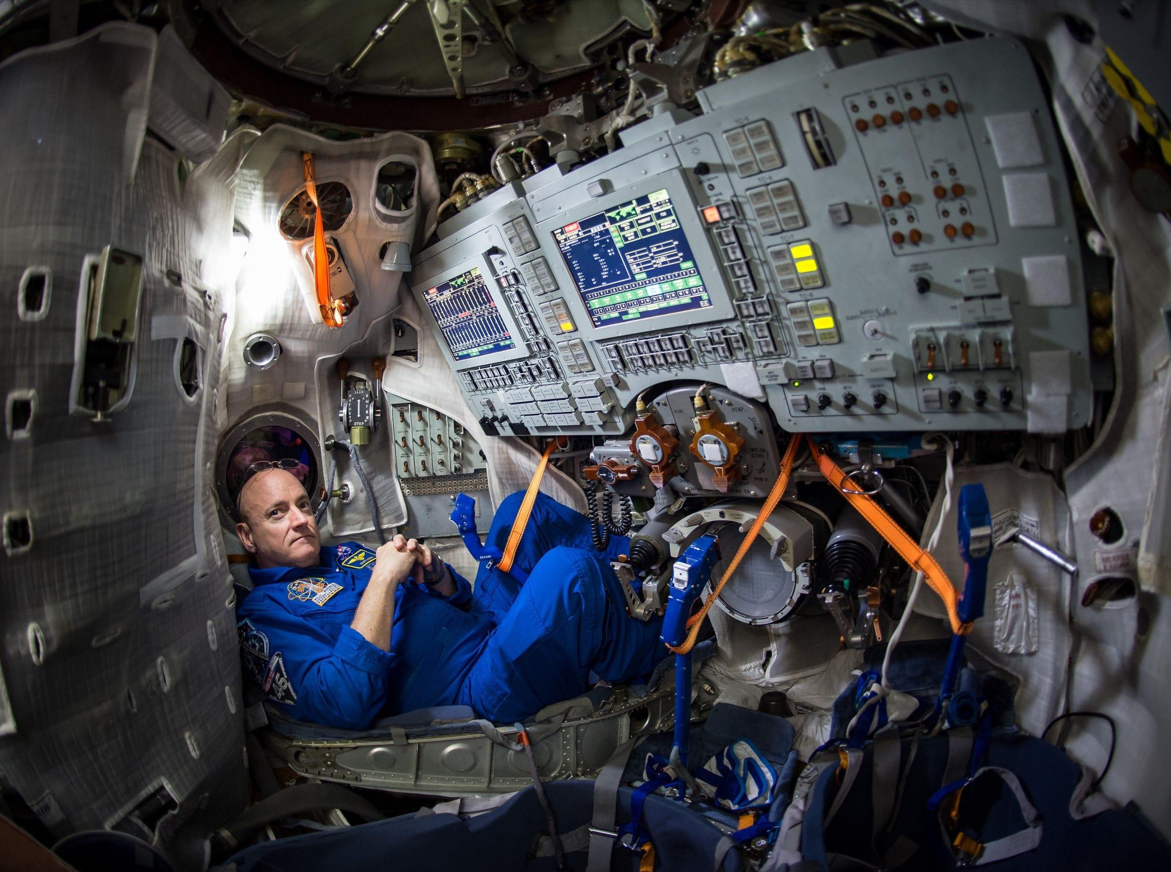 NASA astronaut Scott Kelly is seen inside a Soyuz simulator at the Gagarin Cosmonaut Training Center, March 4, 2015 in Star City, Russia.