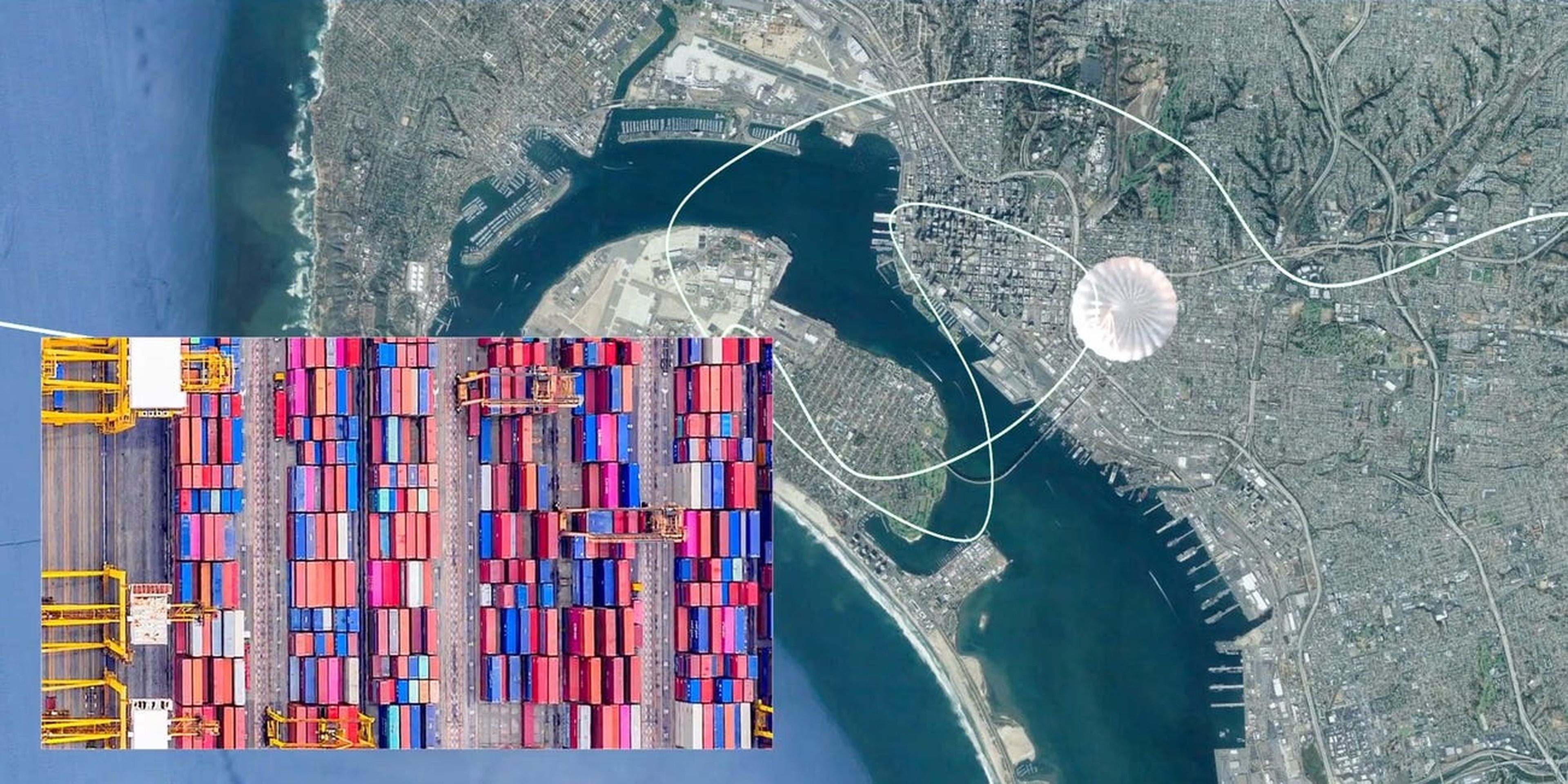 Simulación de un Stratolliter de World View vigilando un recinto portuario.