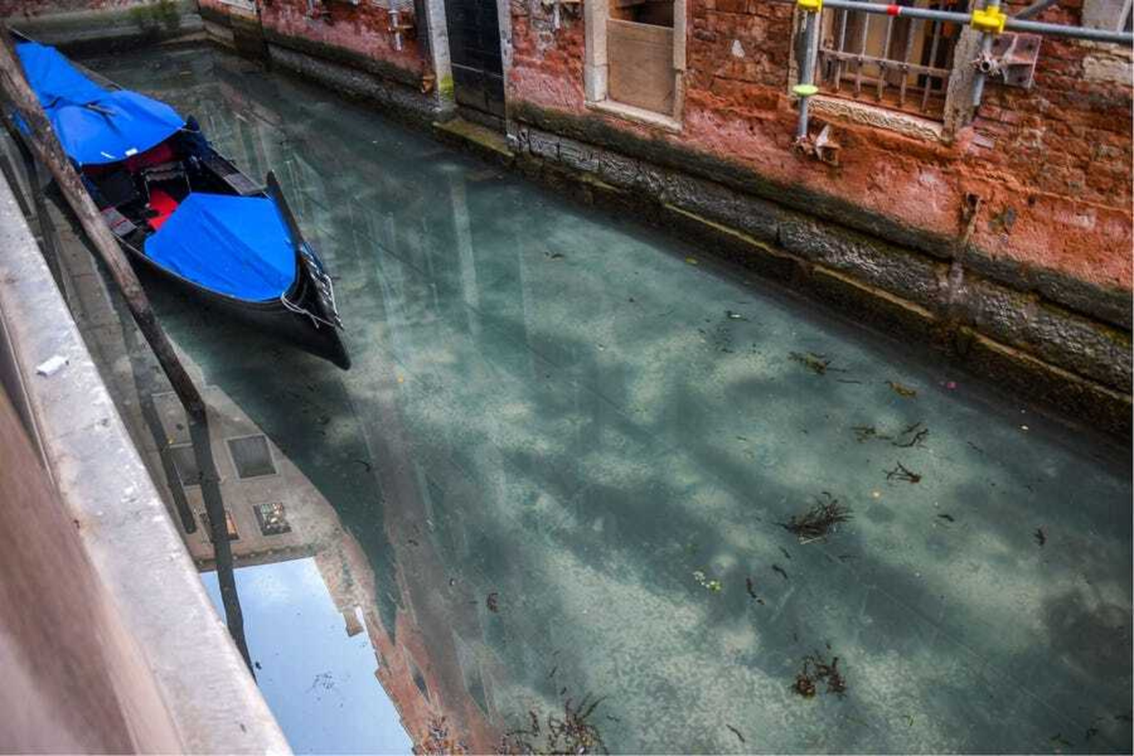 Imagen del 17 de marzo que muestra una góndola en un canal de Venecia que presenta las aguas más claras.