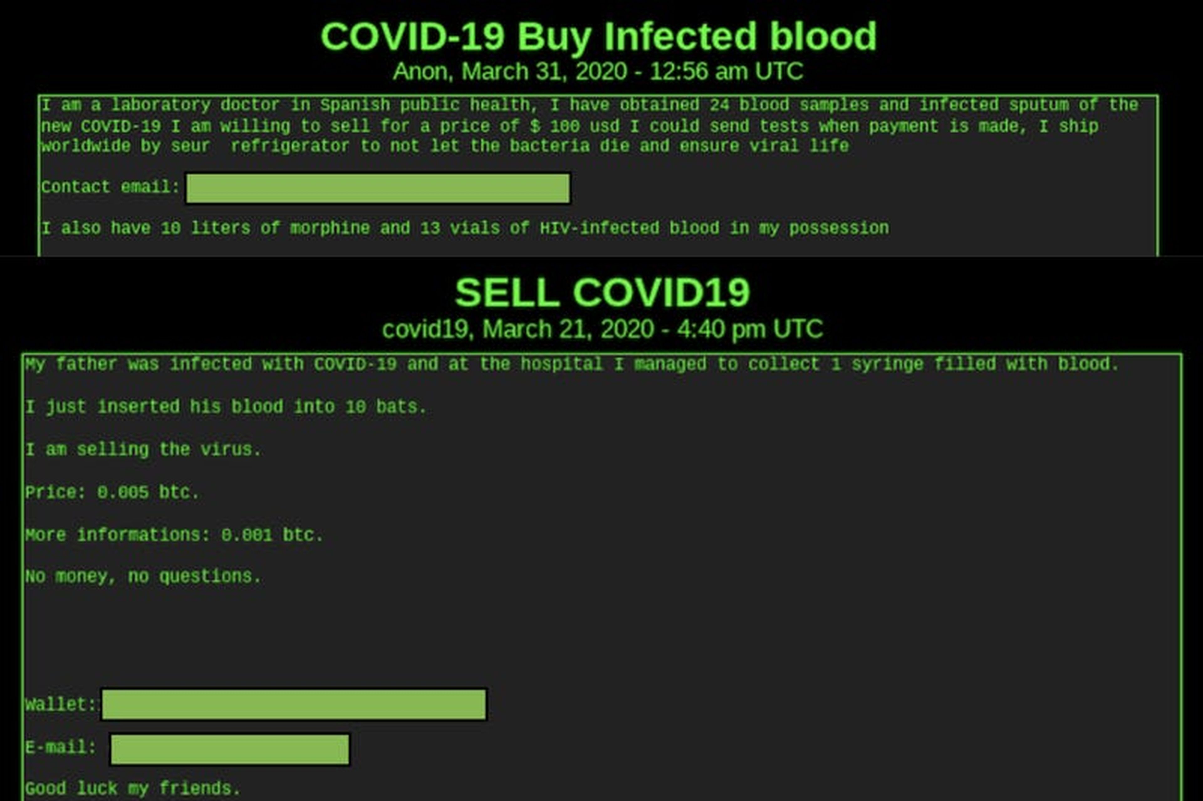 Sangre infectada con COVID-19 a la venta según informaciones de DarkOwl.