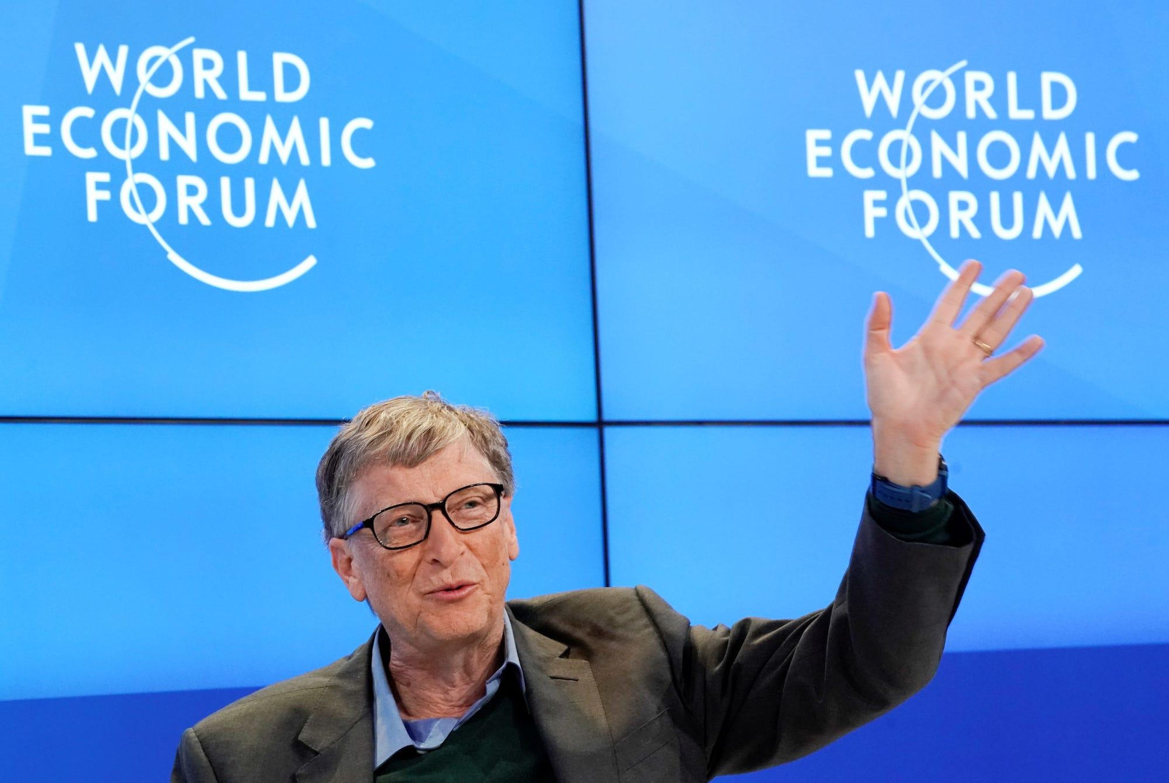 Bill Gates, Co-Chair of Bill & Melinda Gates Foundation, gestures as he speaks during the World Economic Forum (WEF) annual meeting in Davos, Switzerland January 25, 2018.
