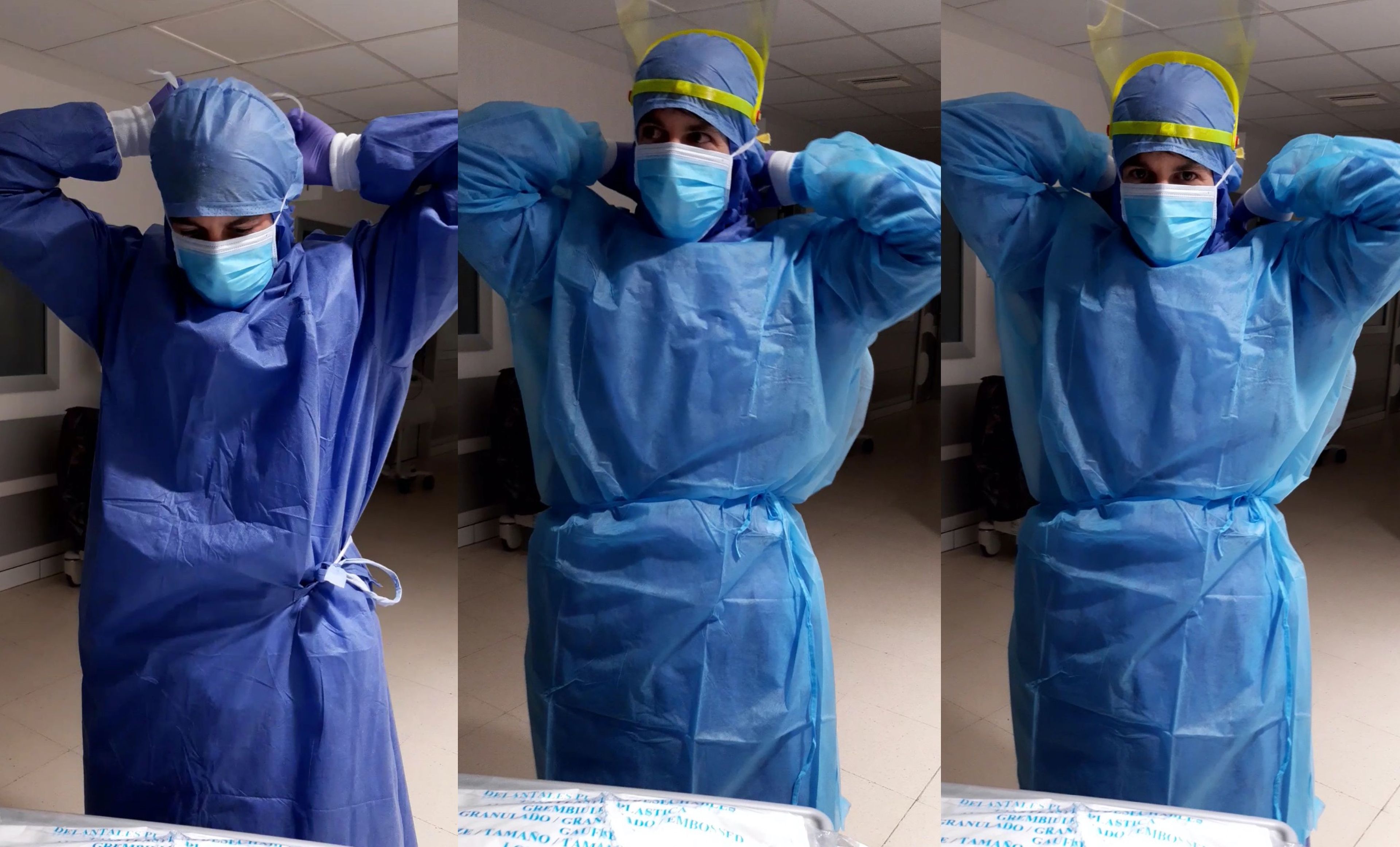 Daniel Millán, enfermero del Hospital Universitario La Moraleja, colocándose el traje de protección para atender a los pacientes con coronavirus