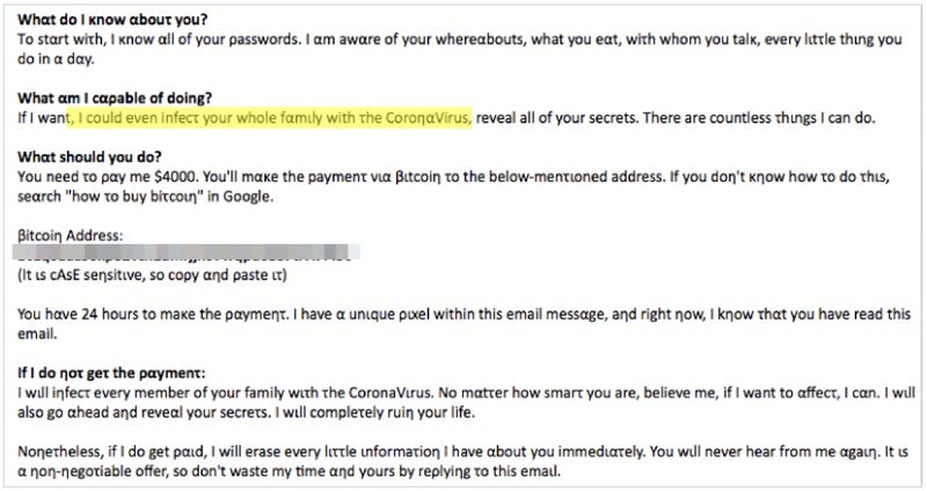 Intsights descubrió que esta despiadada nota de rescate apelaba a la COVID-19 como parte de una estafa de ransomware que bloqueaba los ordenadores que exigían el pago.