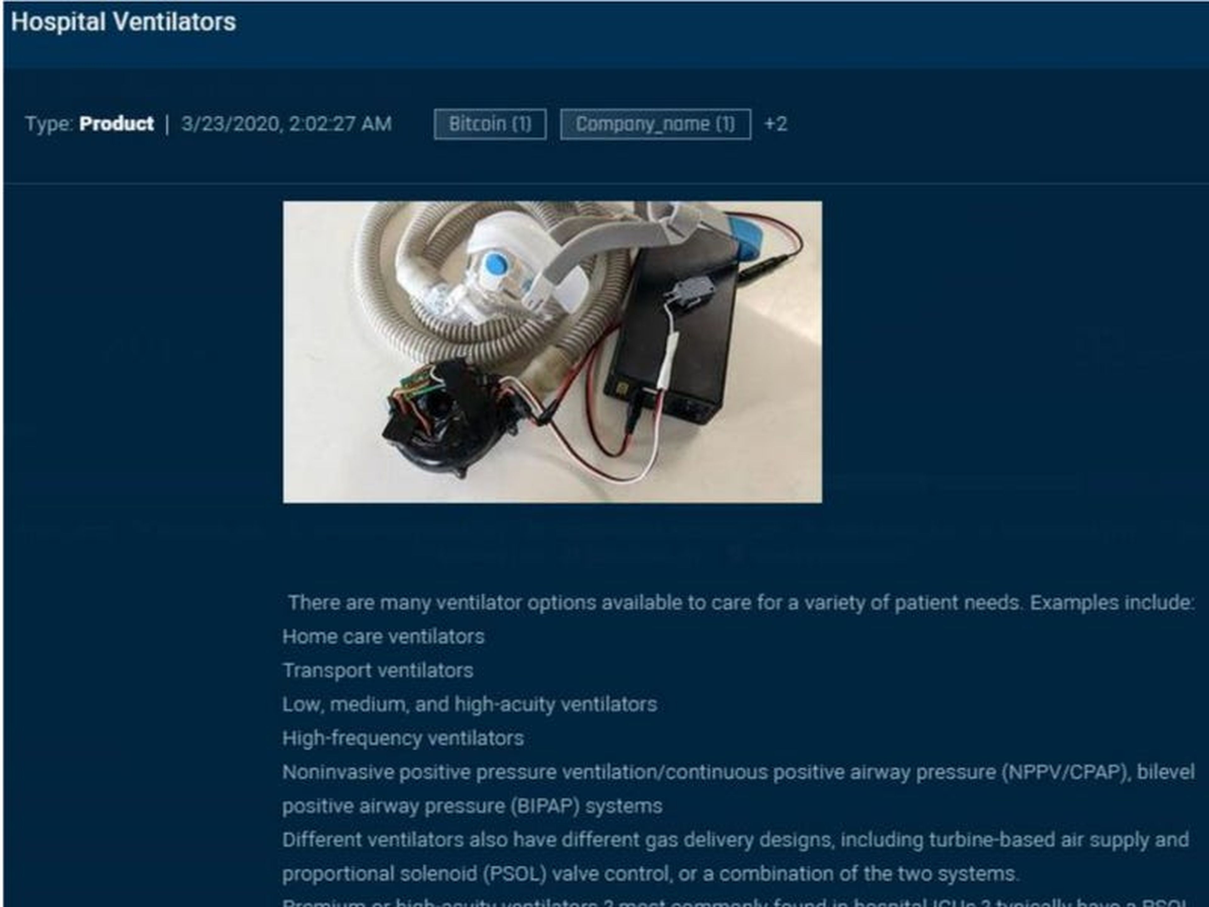 Esta captura de pantalla de un informe reciente de Sixgill de la dark web muestra una publicación de un respirador de hospital a la venta.