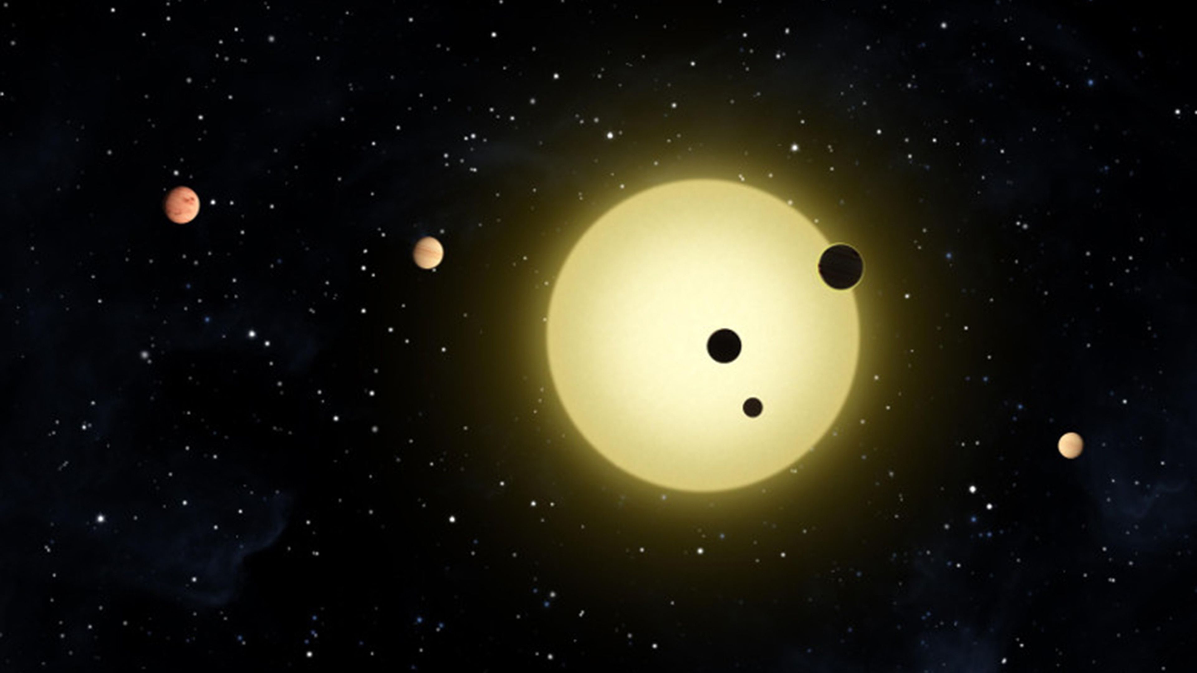 Representación de un sistema formado por 6 planetas orbitando su estrella.