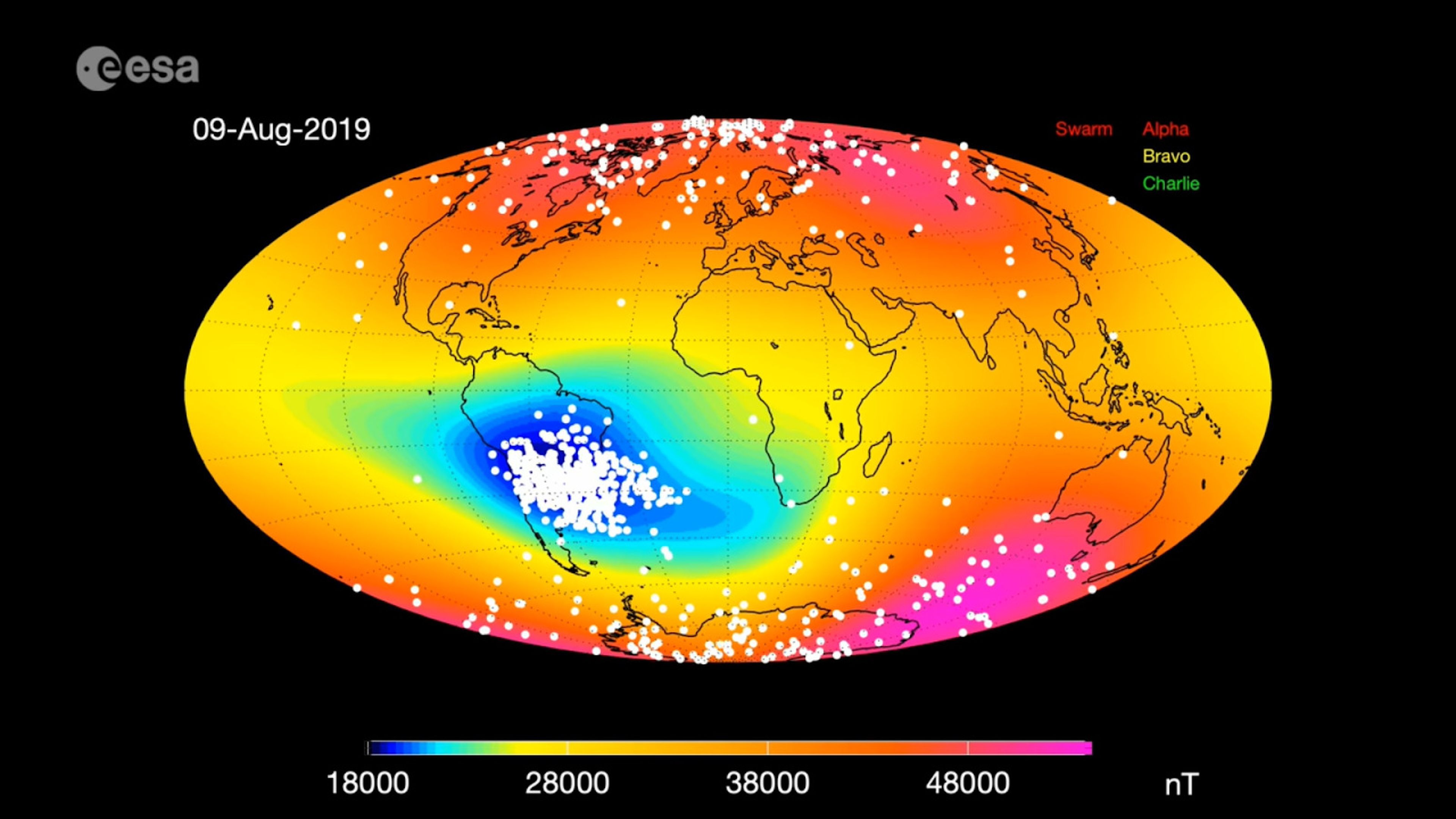 Situación de la Anomalía (magnética) del Atlántico Sur en agosto de 2019.