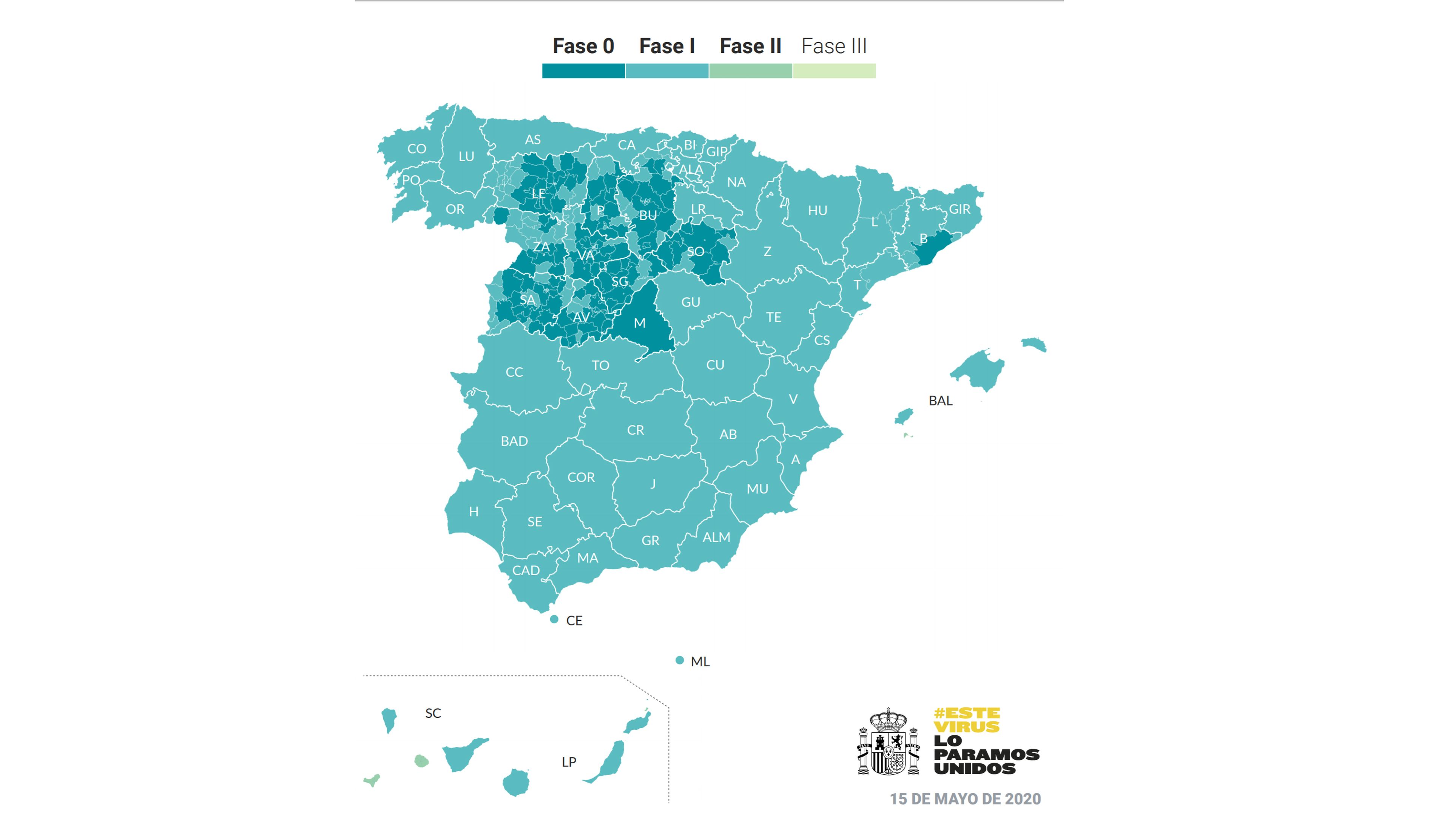 Mapa de las fases de desescalada en España
