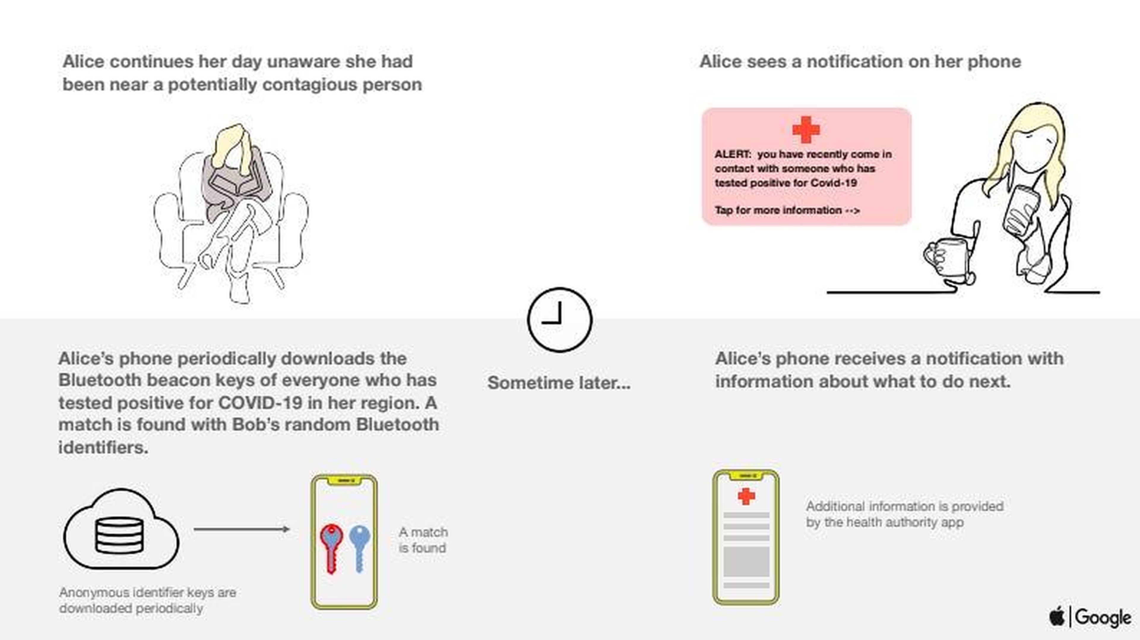 Para preservar el anonimato, los usuarios recibirán la notificación de que se han cruzado con un contagiado por coronavirus "un tiempo después": la tecnología no mandará notificaciones en tiempo real.