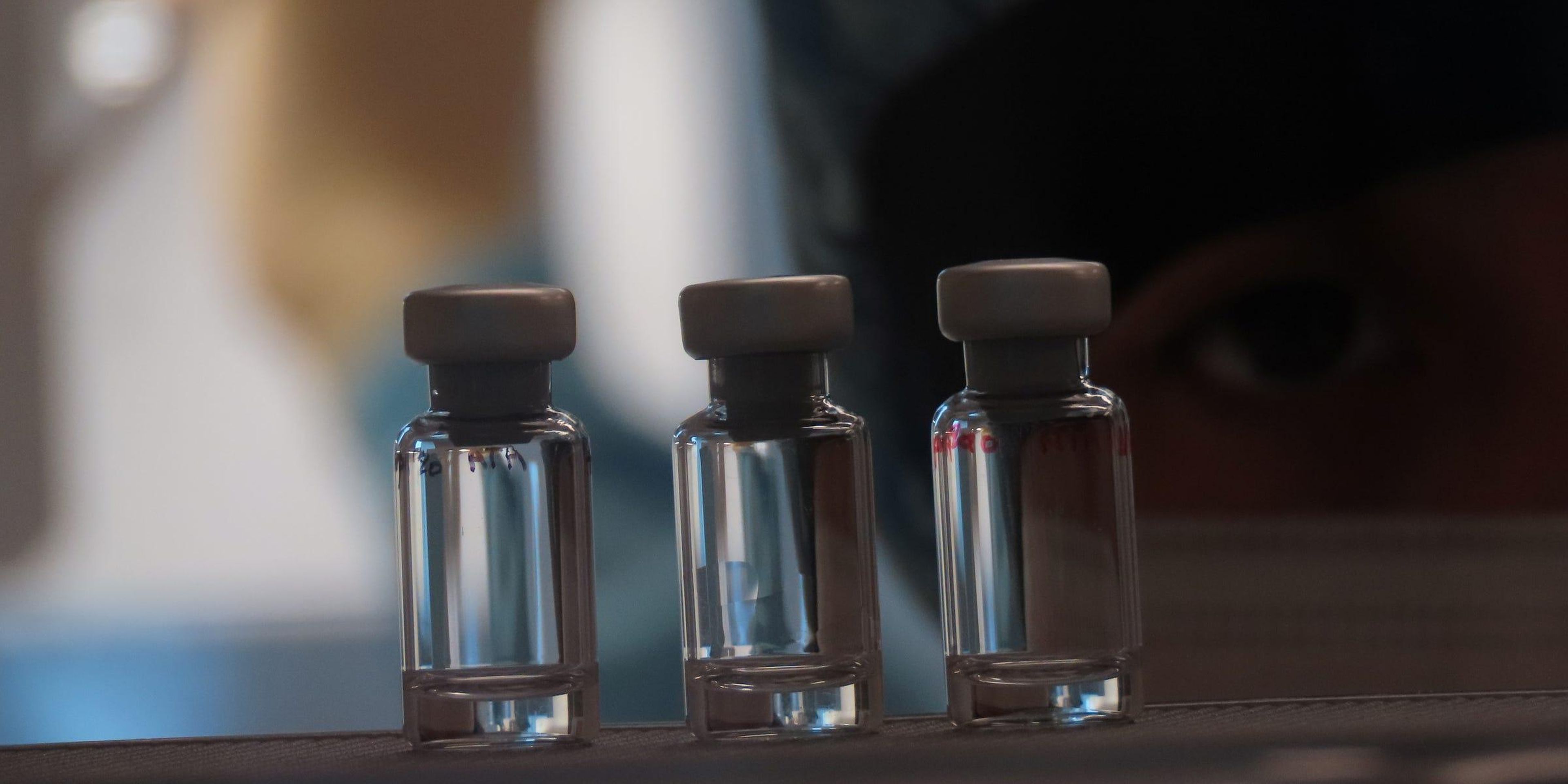 A row of vaccine vials at the Clinical Biomanufacturing Facility in Oxford, England, on April 2, 2020.