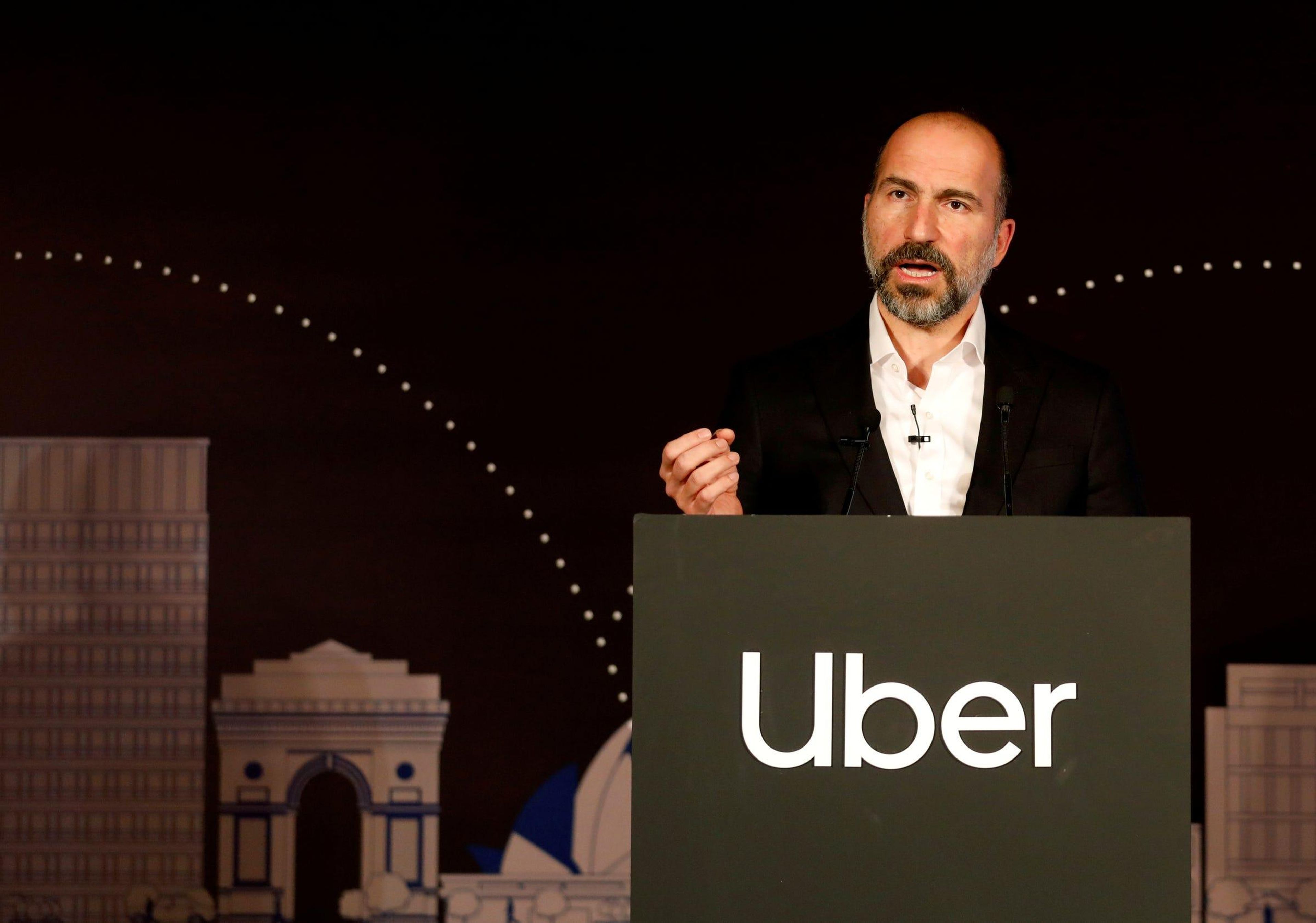 Uber CEO Dara Khosrowshahi speaks to the media at an event in New Delhi, India