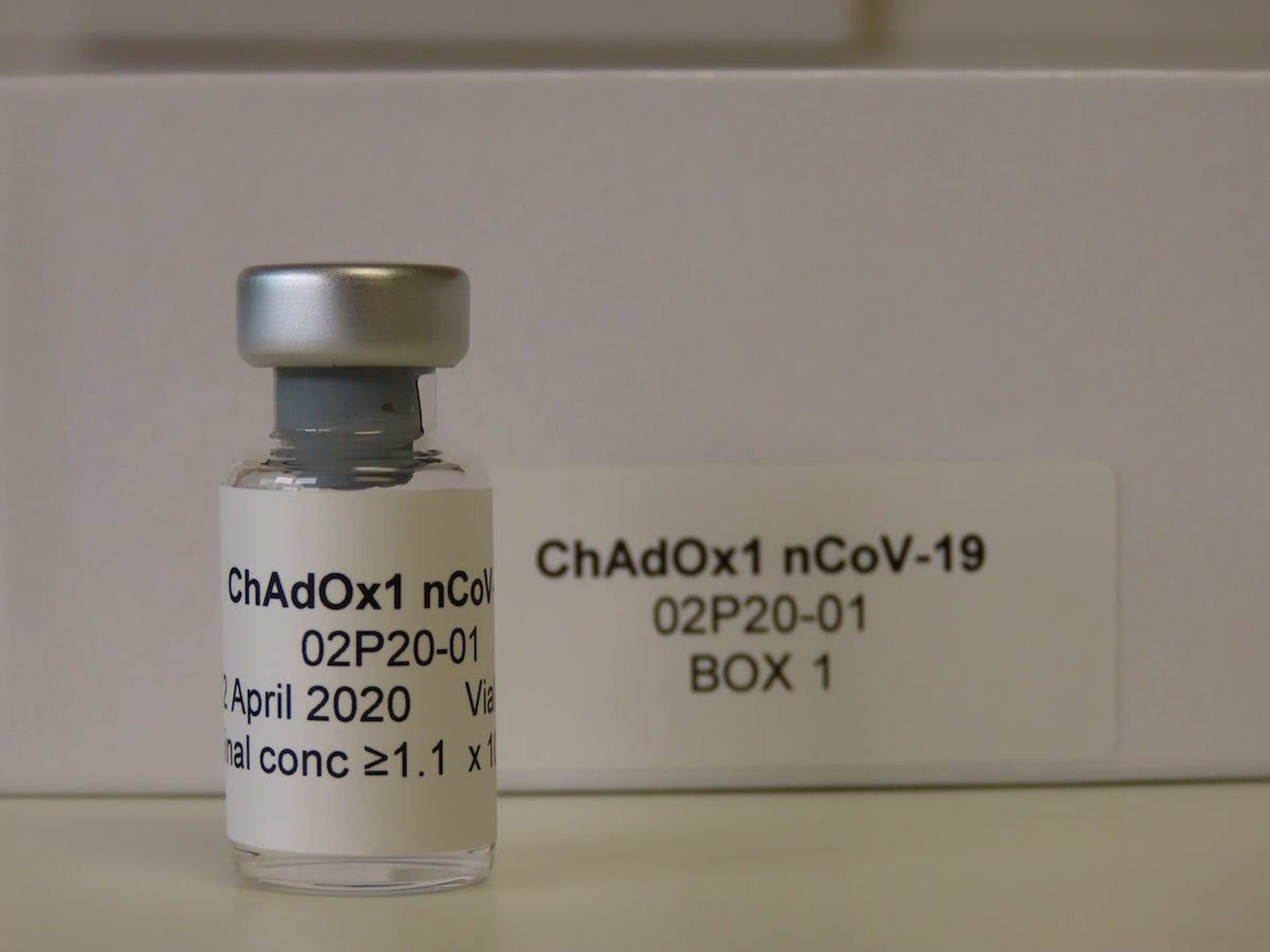 Vial 1 of Box 1 of the Oxford Vaccine Group's vaccine candidate, to be used in Phase 1 clinical trial, seen at the Clinical Biomanufacturing Facility in Oxford, England, on April 2, 2020.