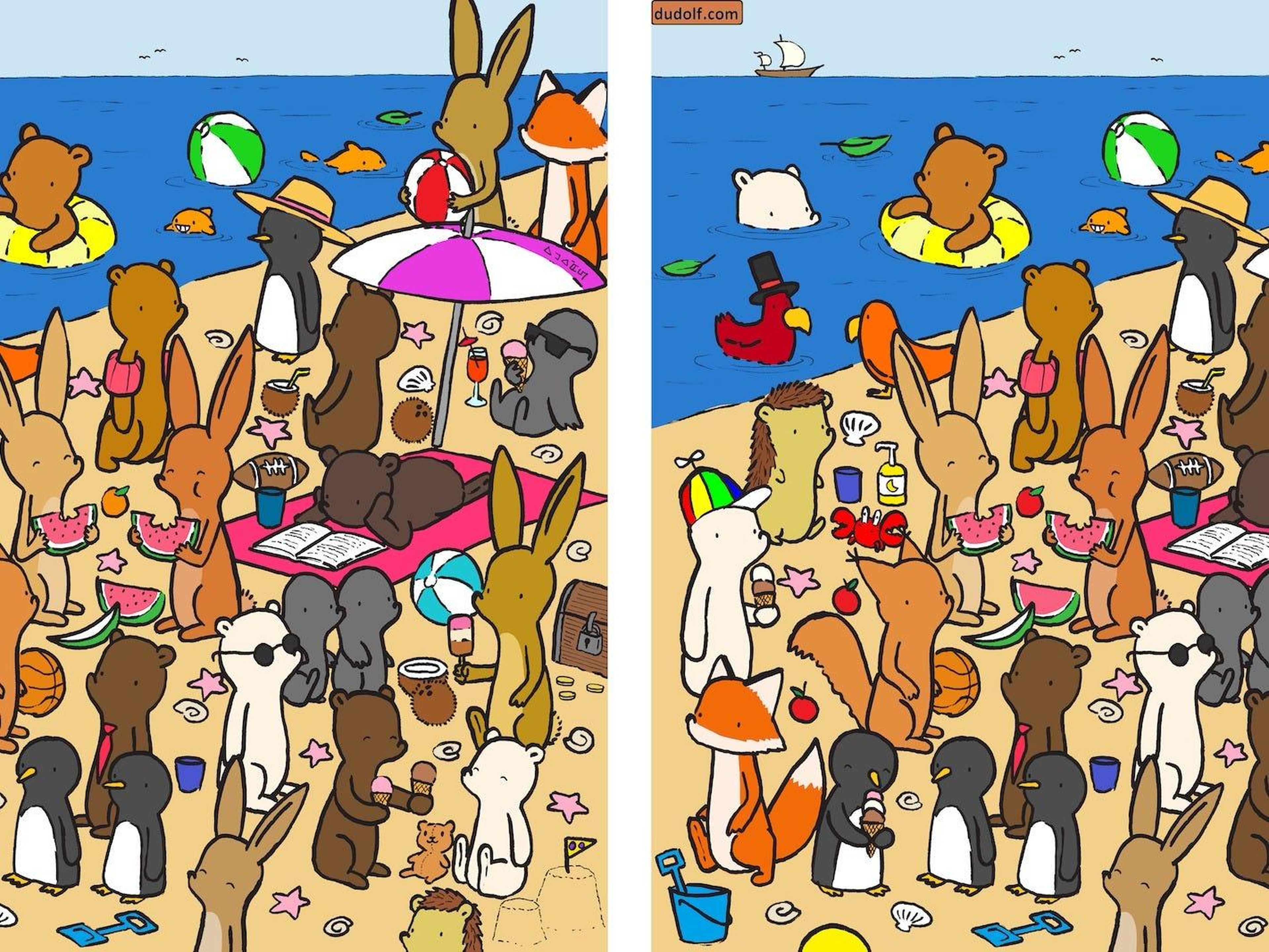 An artist sneaks hard-to-spot details into his brain-teasing illustrations. See if you can find the 7 differences between these beach party scenes.