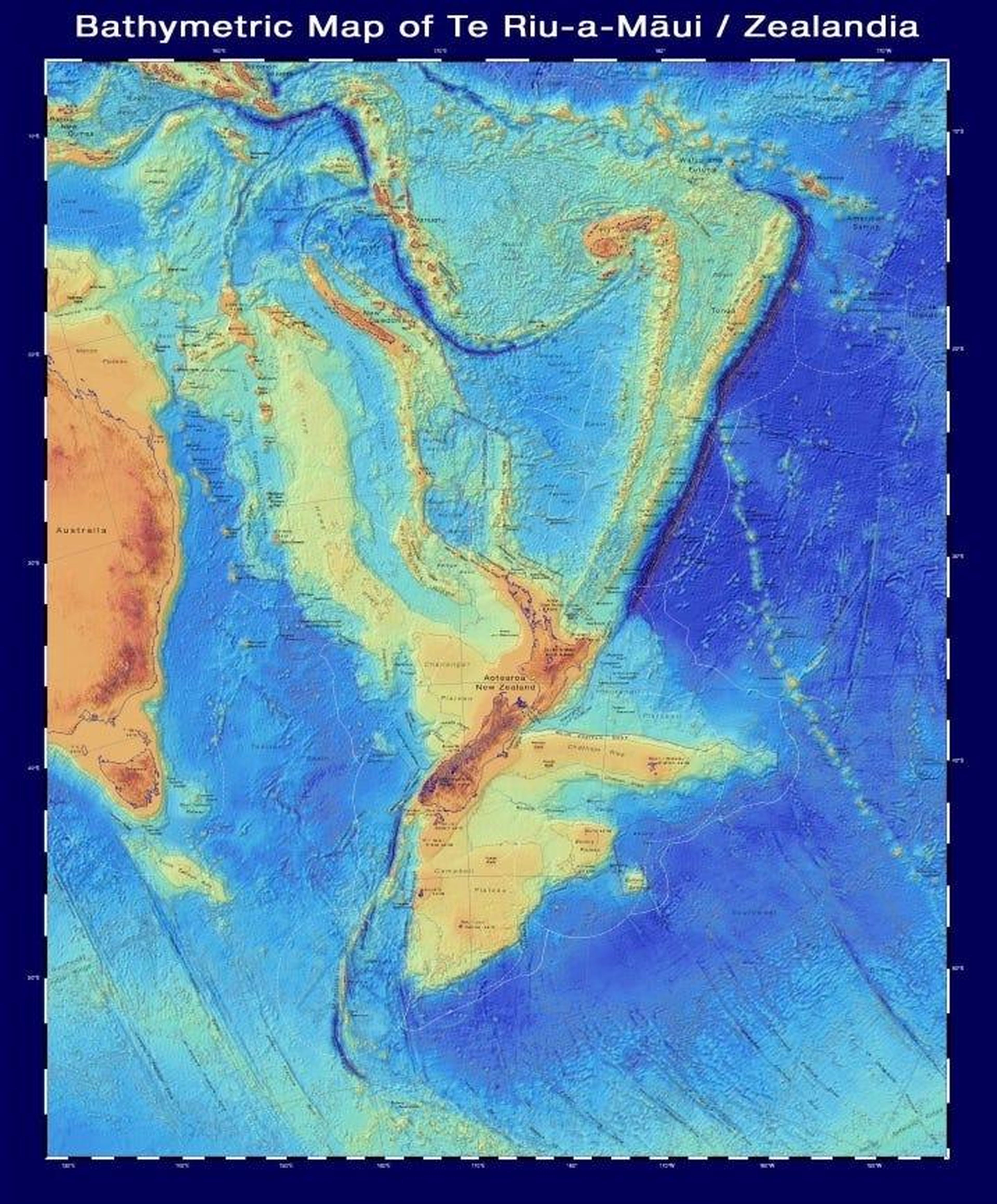 Un mapa batimétrico de Zealandia, que muestra la forma del continente bajo el agua.