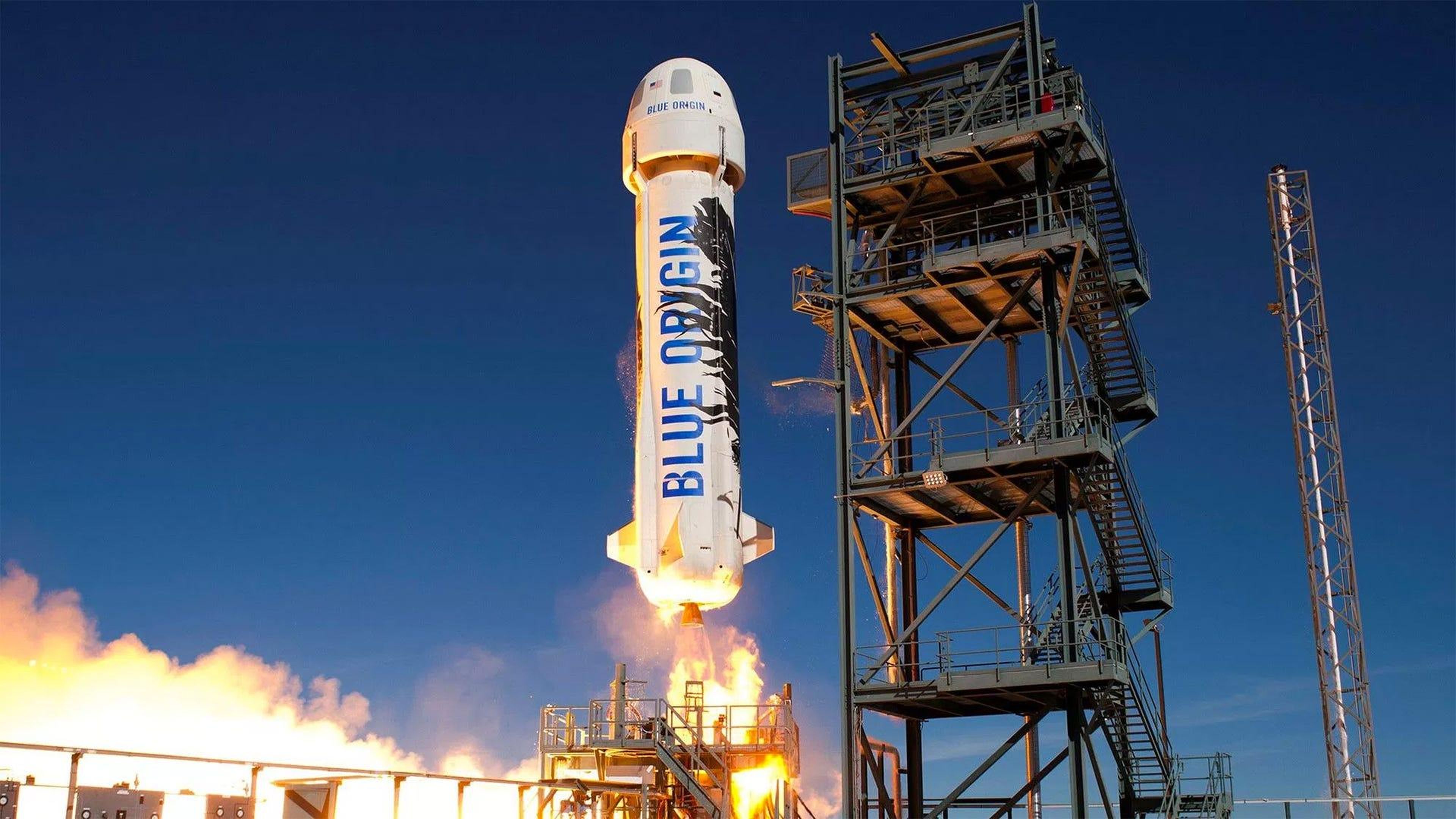 Blue Origin's reusable New Shepard suborbital rocket launches toward space in 2016. Blue Origin