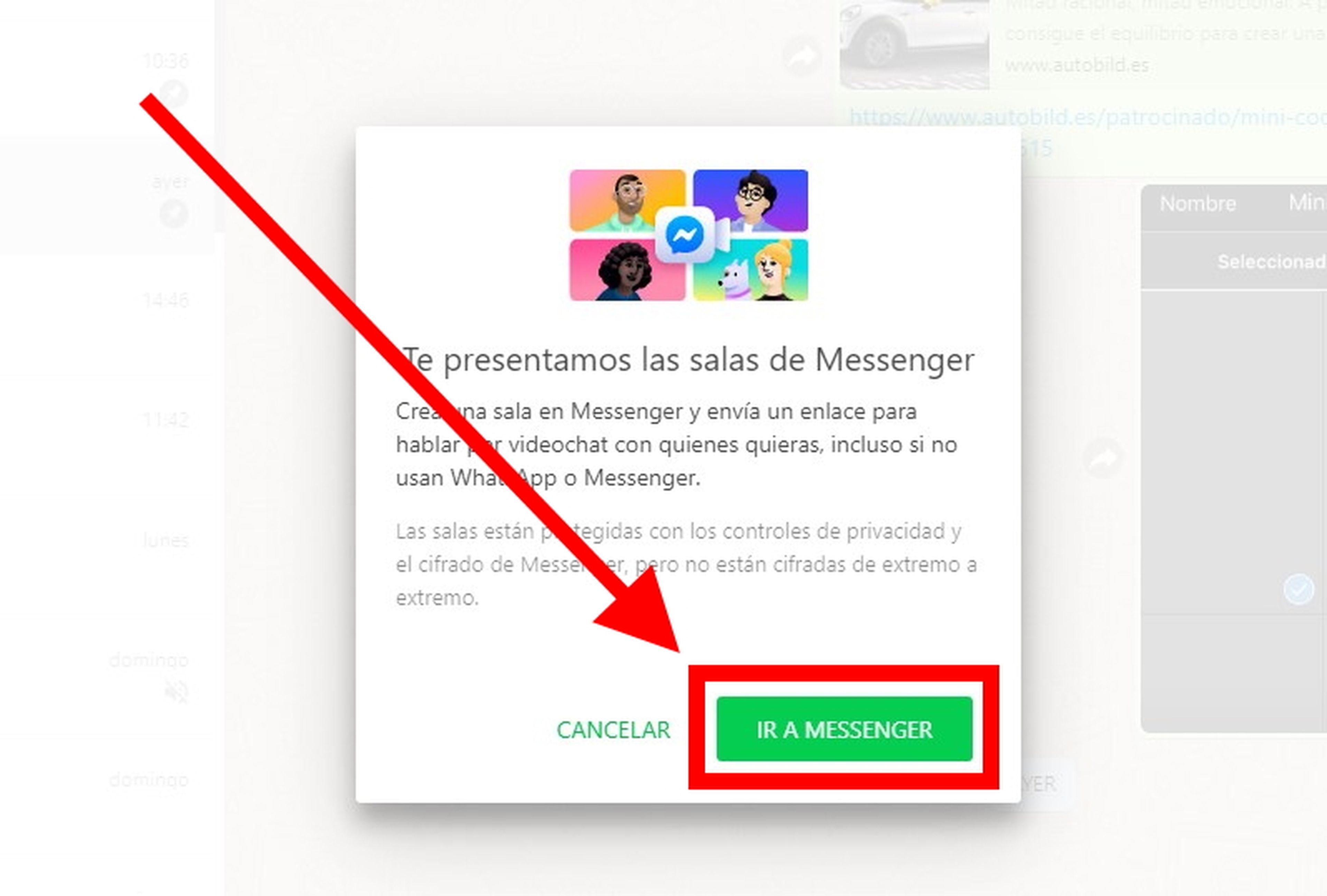 Cómo hacer videollamadas de Messenger Rooms desde WhatsApp Web