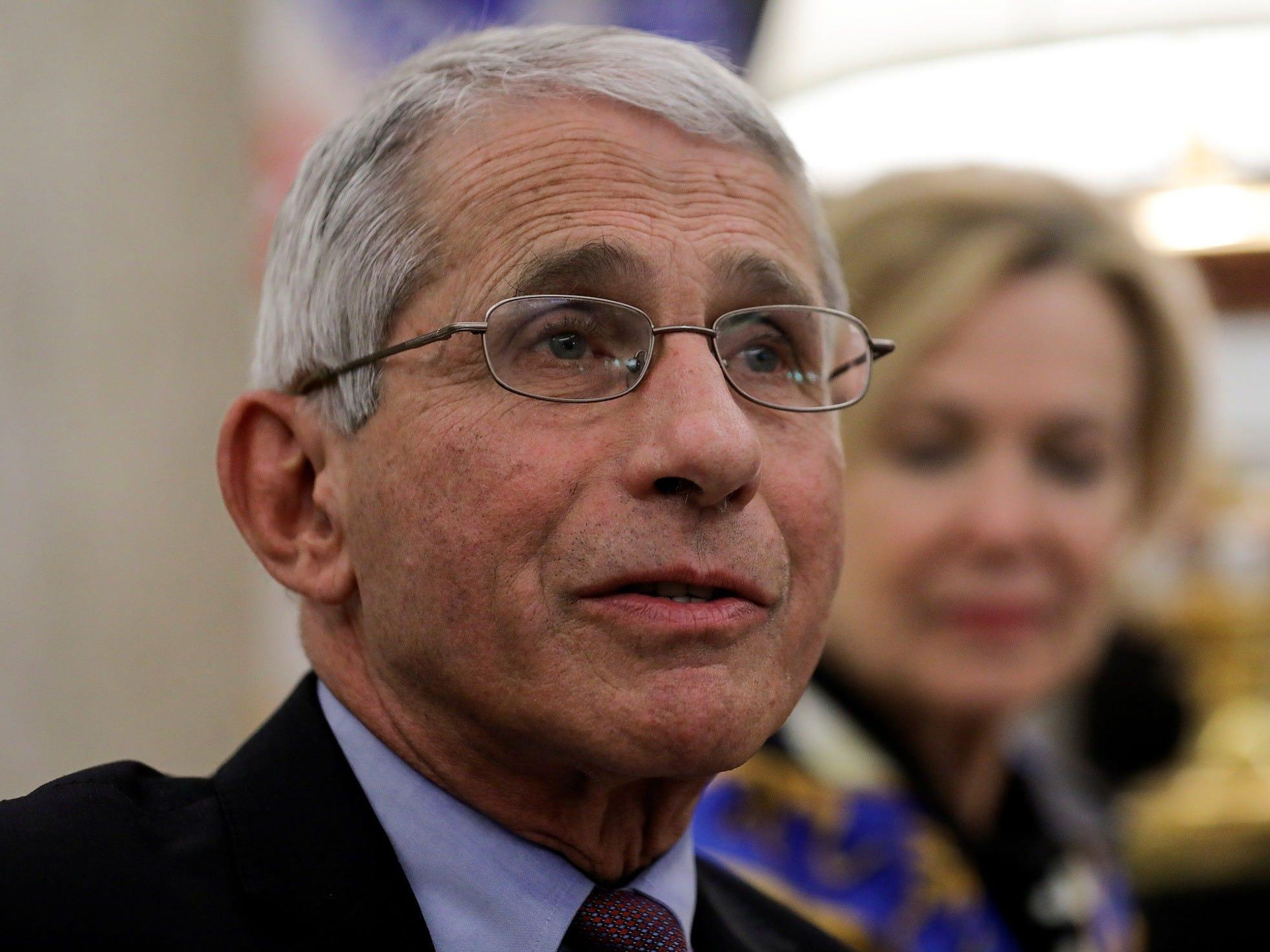 Dr. Anthony Fauci, director of the National Institute of Allergy and Infectious Diseases, speaks during a coronavirus-response meeting in the Oval Office at the White House, April 29, 2020.