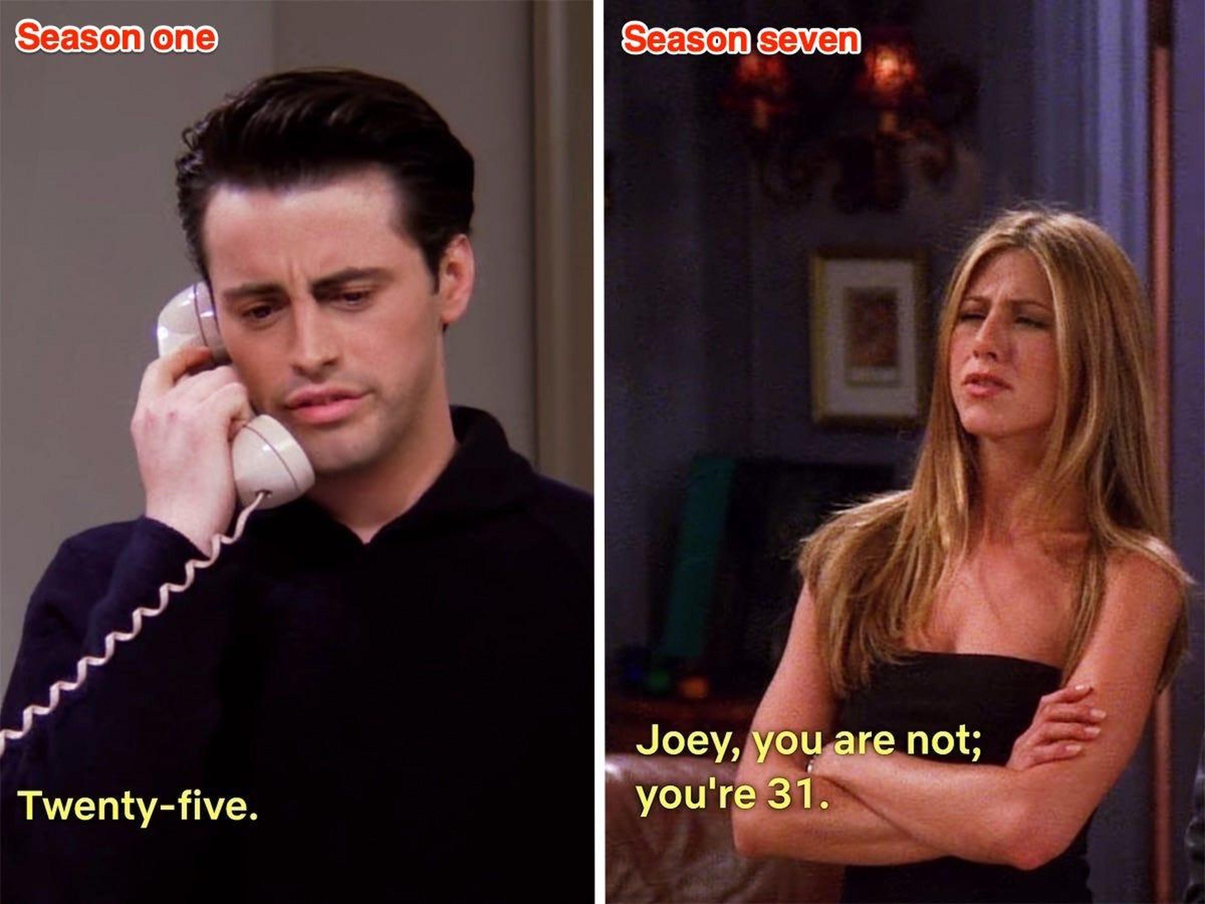 Joey en 'El del nacimiento' y Rachel hablando con él en 'El de la noche de Mónica'.