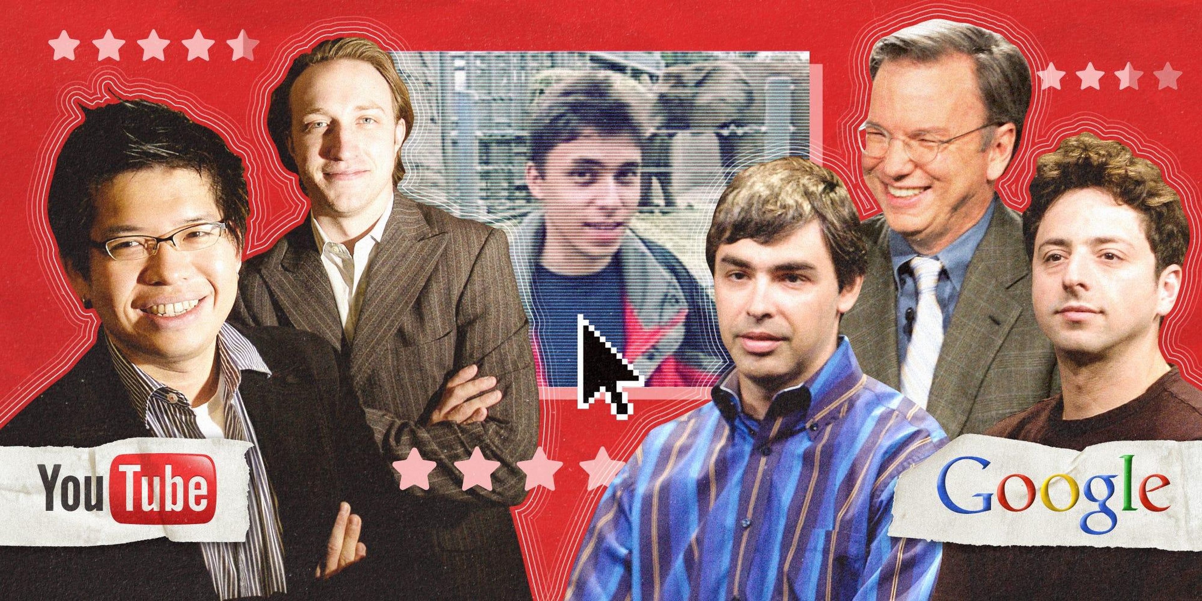 From left: YouTube founders Steve Chen, Chad Hurley, and Jawed Karim; Google cofounder Larry Page, former Google CEO Eric Schmidt, and Google cofounder Sergey Brin.